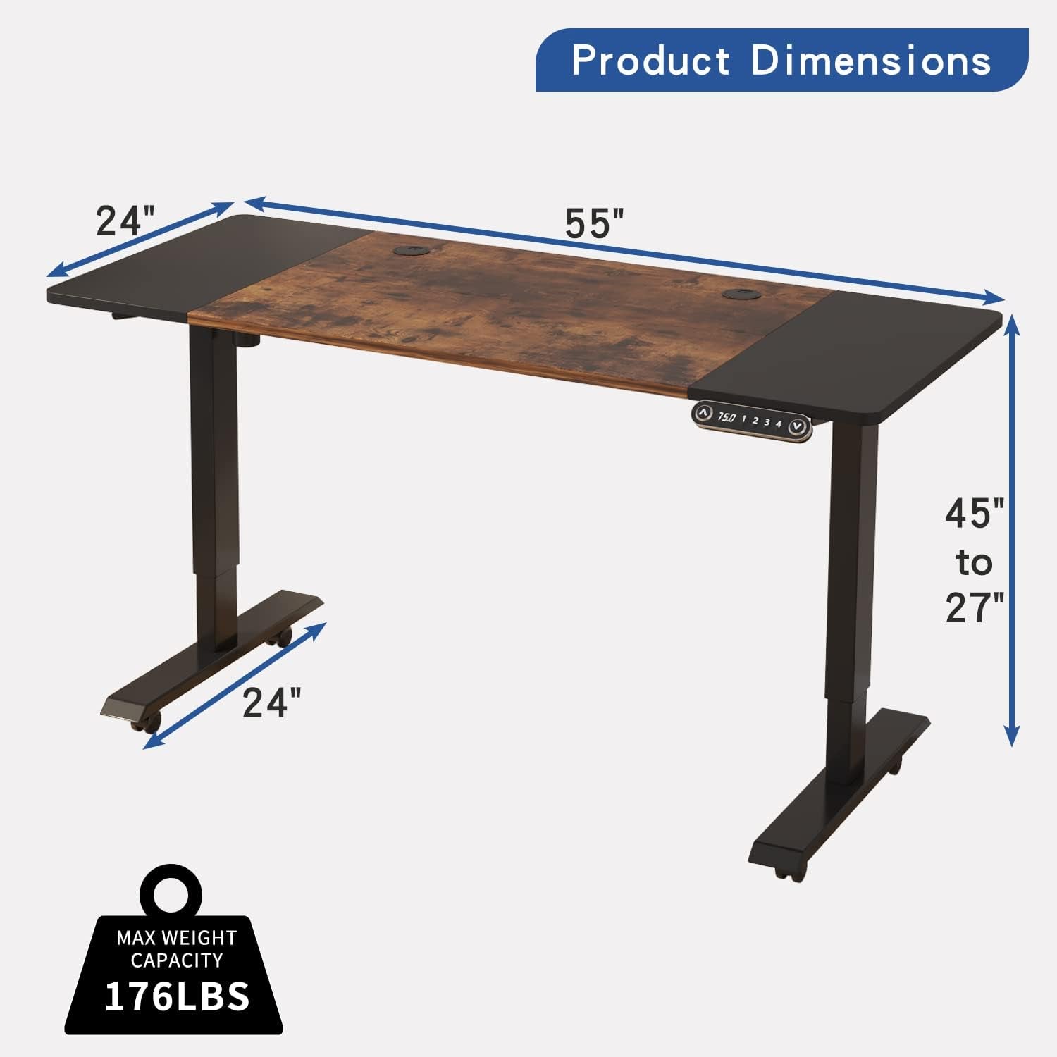 Electric Adjustable Height Standing Desk, 55 X 24 Inches Sit - Stand Desk for Work or Home Office 4 Preset Heights Easy to Set， Rustic Brown + Black Splice Board/Black Frame