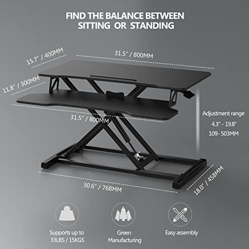Height Adjustable Standing Desk 32” Wide Sit to Stand Converter Stand up Desk Tabletop Workstation for Dual Monitor Riser FSD308001WB