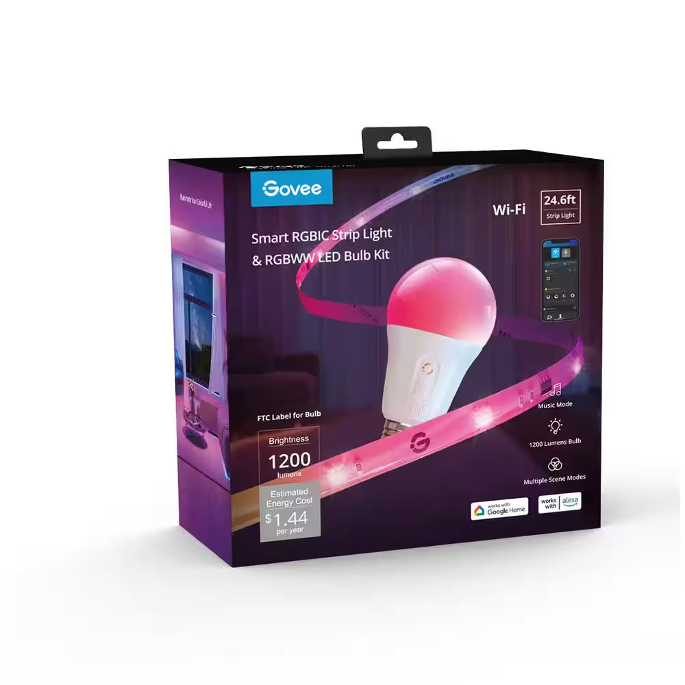 RGBIC Smart Integrated LED 24.6 Ft. Strip Light with 36 Watt Equivalent RGBWW Smart Light Bulb