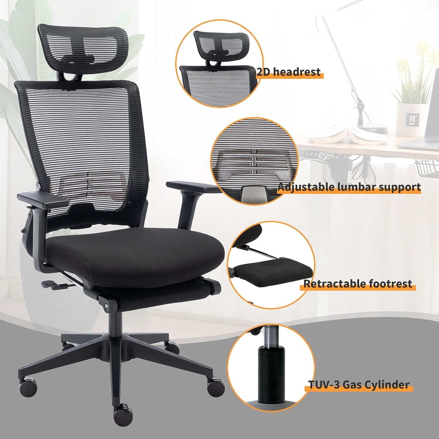 Foldable Office Chair with Footrest & Headrest, Ergonomic Mesh Desk Chair, Tilt Function, Lumbar Support, 300Lbs, Black