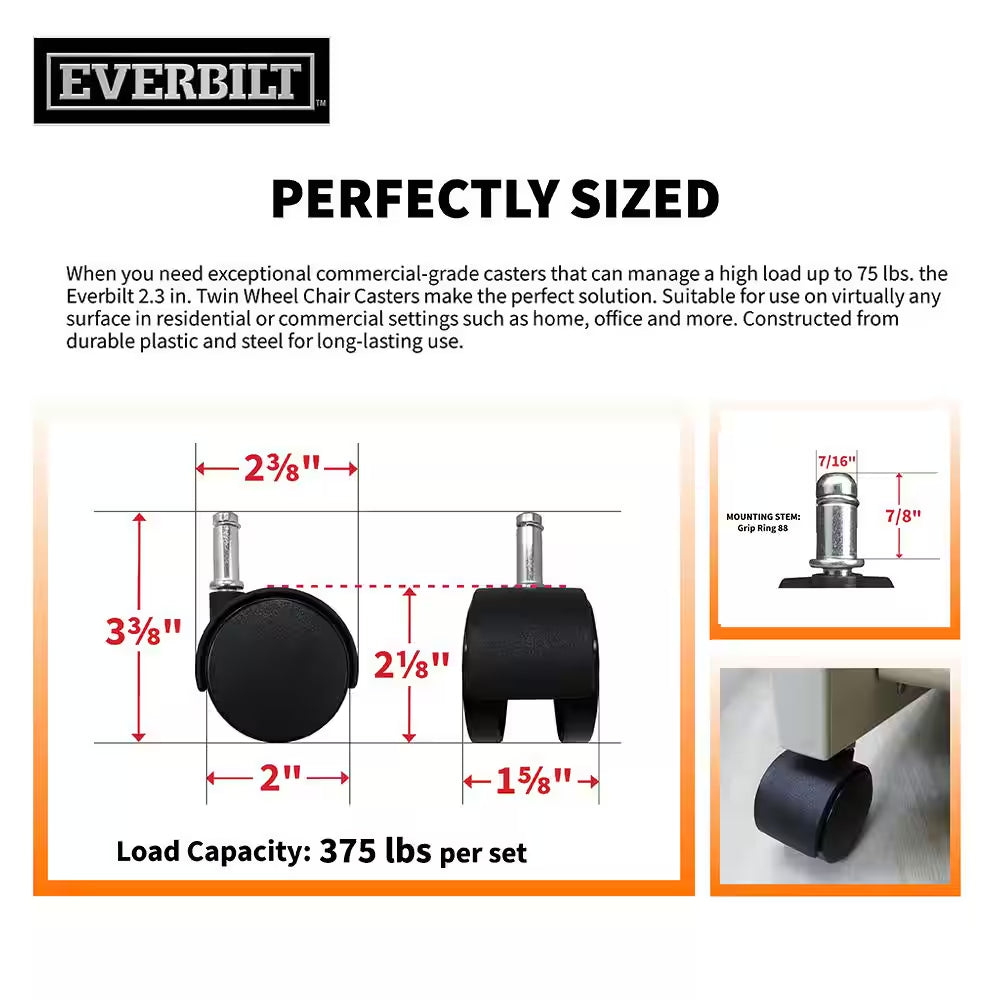2 In. Black Plastic and Steel Twin Wheel Swivel Friction Grip Stem Office Chair Caster with 75 Lb. Load Rating