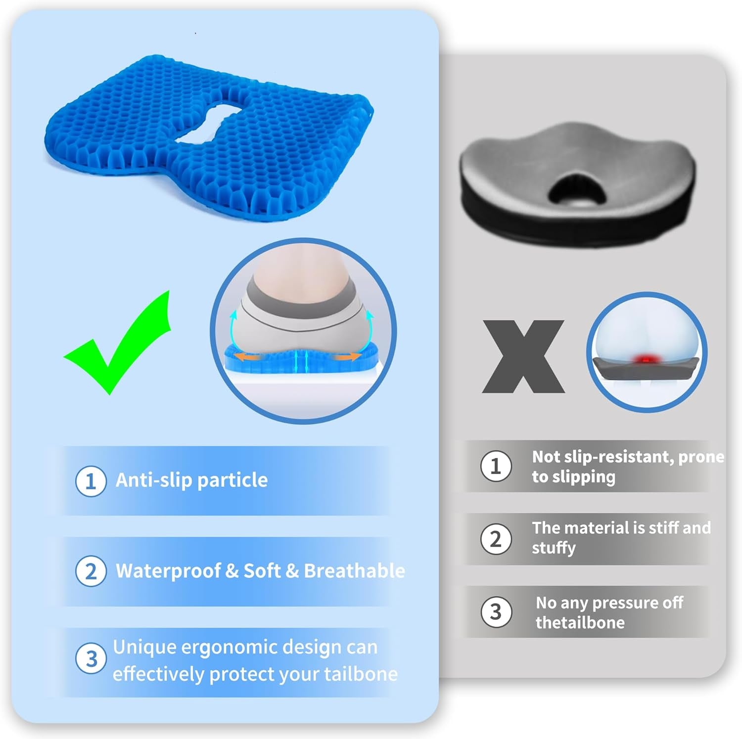 Kayak Seat Cushion, anti Slip Thicken Gel Kayak Seat Pad Breathable Waterproof Kayak Cushion for Kayaks Canoe and Boat, Lifetime Kayak Accessories Equipment Gear for Fishing Kayak (Blue 2 Packs)