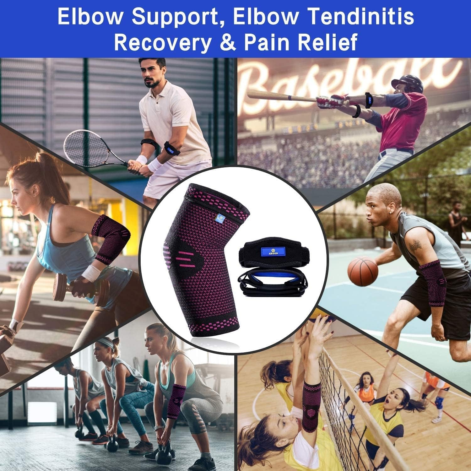 Compression Elbow Support, 1 Piece Compression Sleeve + 2 Pcs Tennis Elbow Pads for Men Women Pain Relieves Tendonitis, Arthritis, Tennis Elbow, Epicondylitis