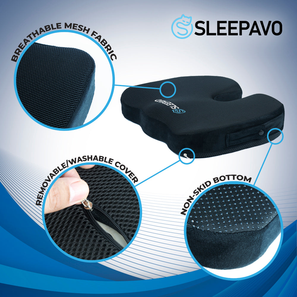 Seat Cushion - Office Chair Cushion for Sciatica Pain Relief, Washable Seat Cushion for Tailbone Pain Relief - Back Support Pillow - Seat Cushion for Car (Black)