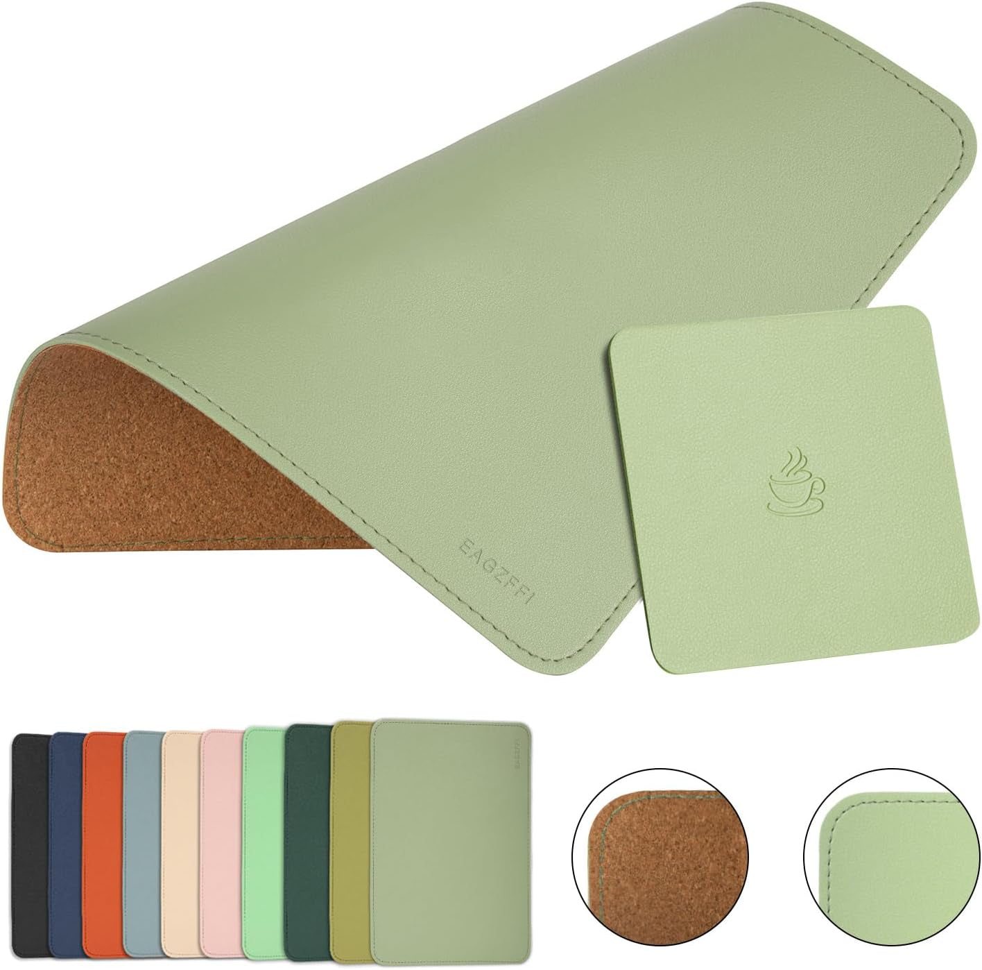 Leather Mouse Pad,Wood Mouse Pad,Double Side Mouse Pad,Stitched Edges,Equipped with Coaster Mouse Pads for Laptop,Office & Home,1 Pack,8Inch11Inch, (Matcha Green)