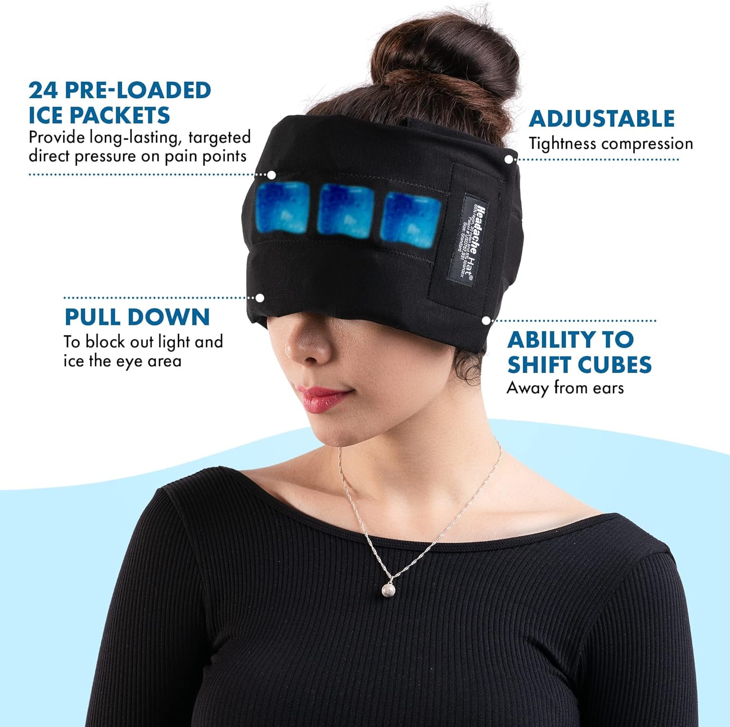 Halo - Migraine Relief Cap Long Lasting Cooling Ice Pack Mask - Cold Compress Head Wrap for Tension, Stress & Hangover Natural Cooling Therapy