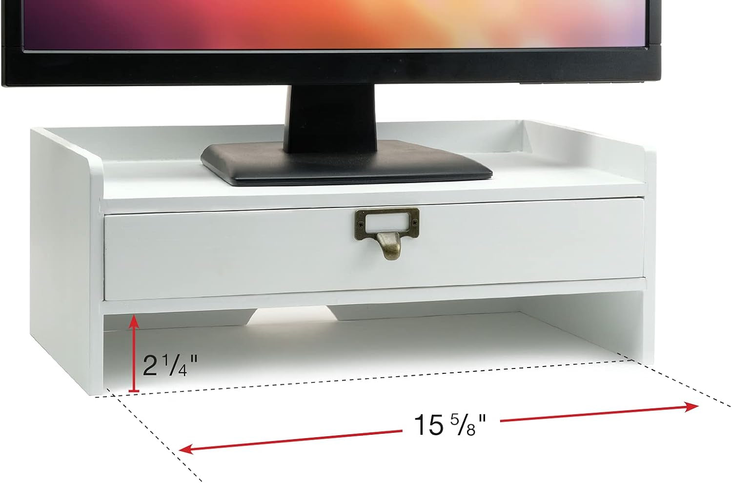Wooden Monitor Stand: Includes Drawer for Desktop Organization of Notebooks, Pens, Pencils & Office Supplies (White)