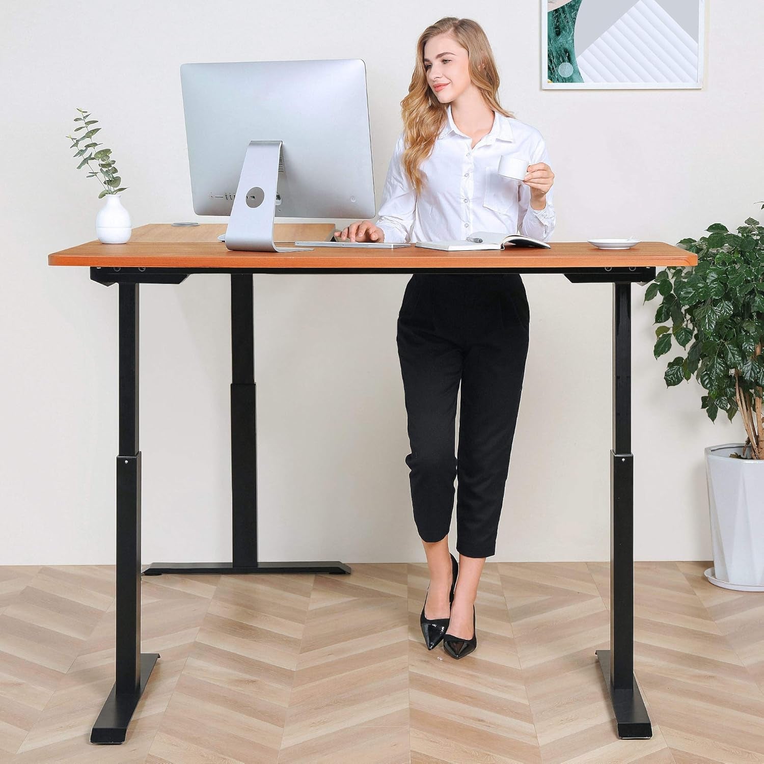 Electric Standing L Desk with Power Charging Station, Adjustable Height Sit Stand Home Office Desk, L Shaped Computer Desk, 67X59 Inches Corner Stand up Desk, Walnut Top with Black Frame