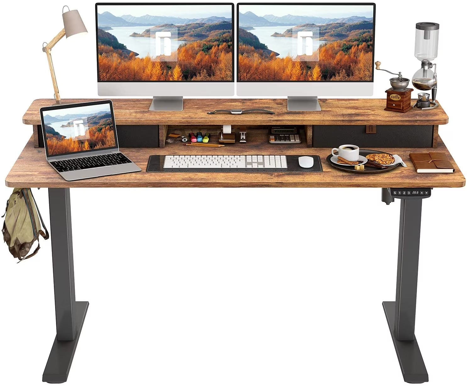55 X 24 Inch Height Adjustable Electric Standing Desk with Double Drawer, Stand up Table with Storage Shelf, Sit Stand Desk with Splice Board, Black Frame/Rustic Brown Top