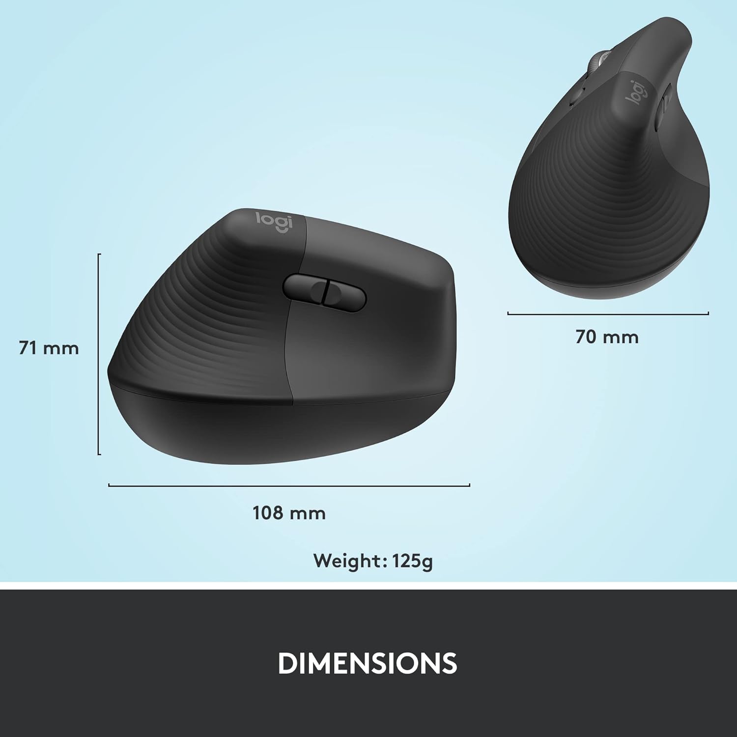 Logitech Lift Vertical Ergonomic Mouse, Wireless Bluetooth or USB Receiver, Quiet Clicks, 4 Buttons, Left Hand Wireless Mouse, Windows/macOS/iPadOS, Laptop, PC