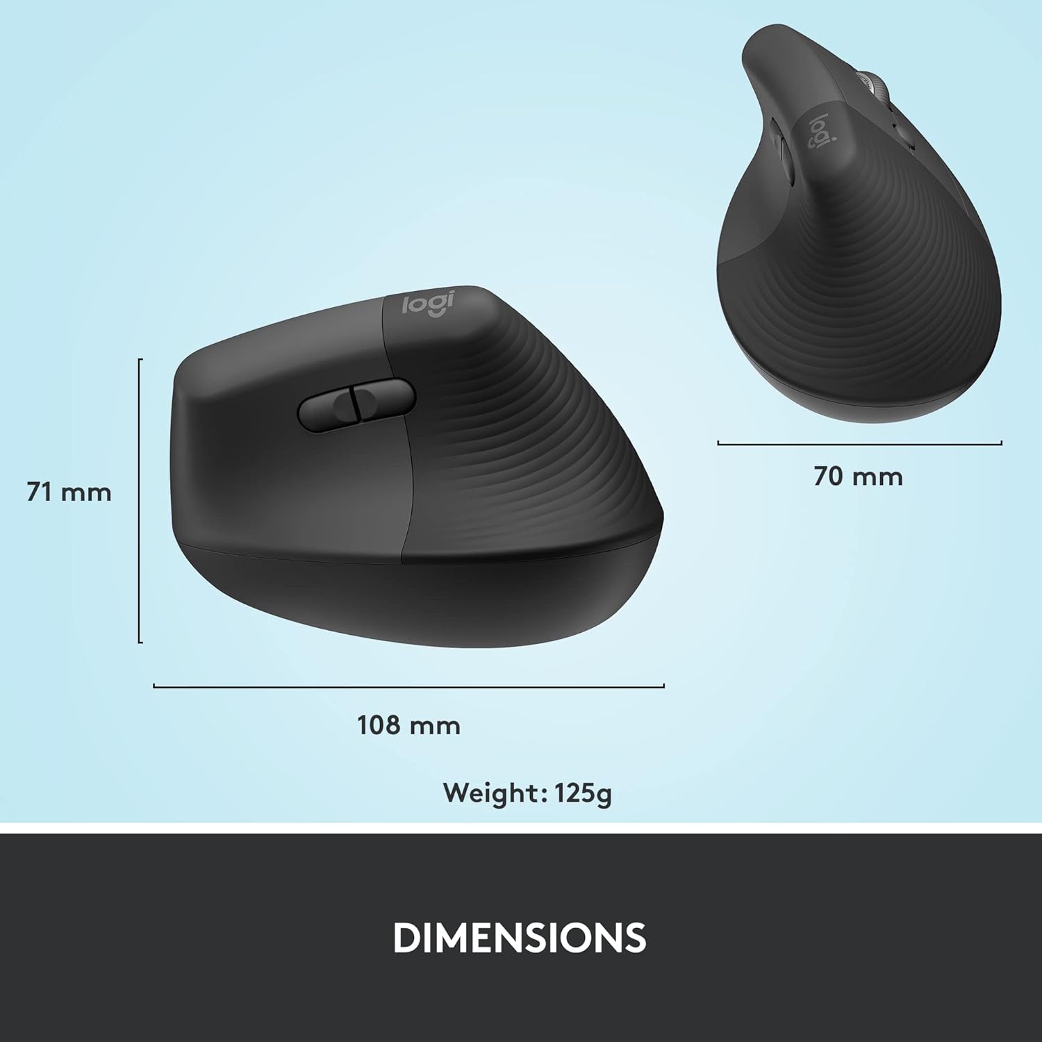 Logitech Lift Vertical Ergonomic Mouse, Wireless Bluetooth or USB Receiver, Quiet Clicks, 4 Buttons, Right Hand Wireless Mouse, Windows/macOS/iPadOS, Laptop, PC