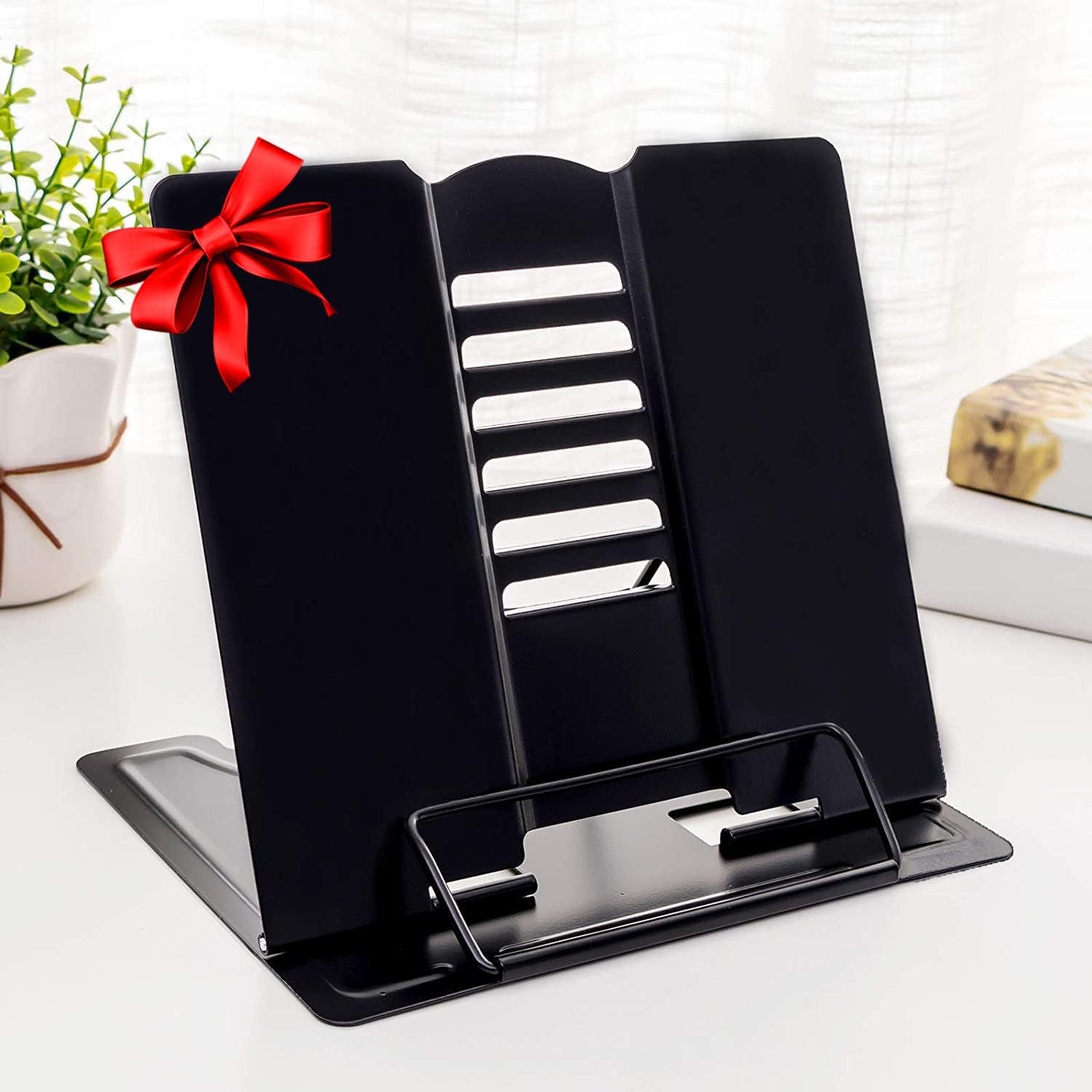 1PC Desk Book Stand Metal Reading Rest Book Holder Adjustable Cookbook Documents Holder Portable Sturdy Bookstands for Recipes Textbooks Tablet Music Books with Page Clips (Black)