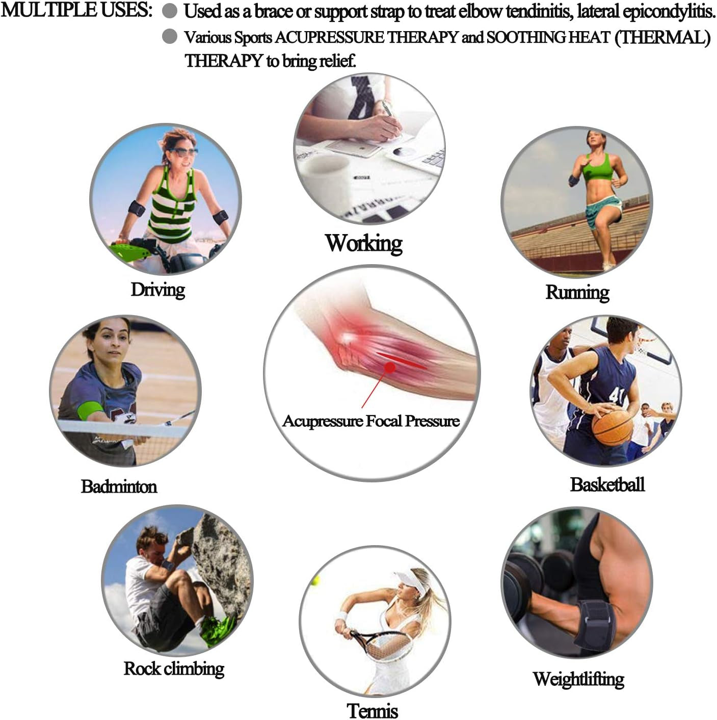 Forearm Wraps for Pain, Tennis Elbow Brace Tendonitis Treatment, Adjustable Elbow Strap Support Brace - Acupressure Elbow Brace for Elbow Pain Relief (Black, L - XXL)