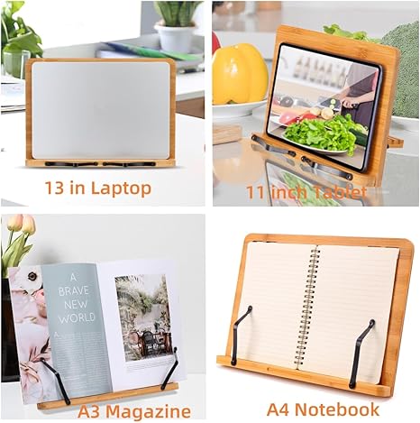 MEGREZ Book Stand for Reading (13.2 x 9.4 inch) Bamboo Cookbook Stand Holder for Kitchen, Adjustable Book Holder Stand for Tablet/Textbook Holder/Hollow Bookrest Stand, Rose