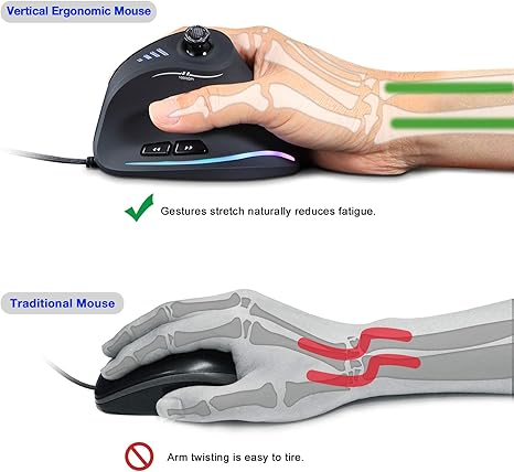 TRELC Gaming Mouse with 5D Rocker - Ergonomic Vertical Wired Mouse with 10000 DPI & 11 Programmable Buttons for PC/Laptop/E-Sports (Black)