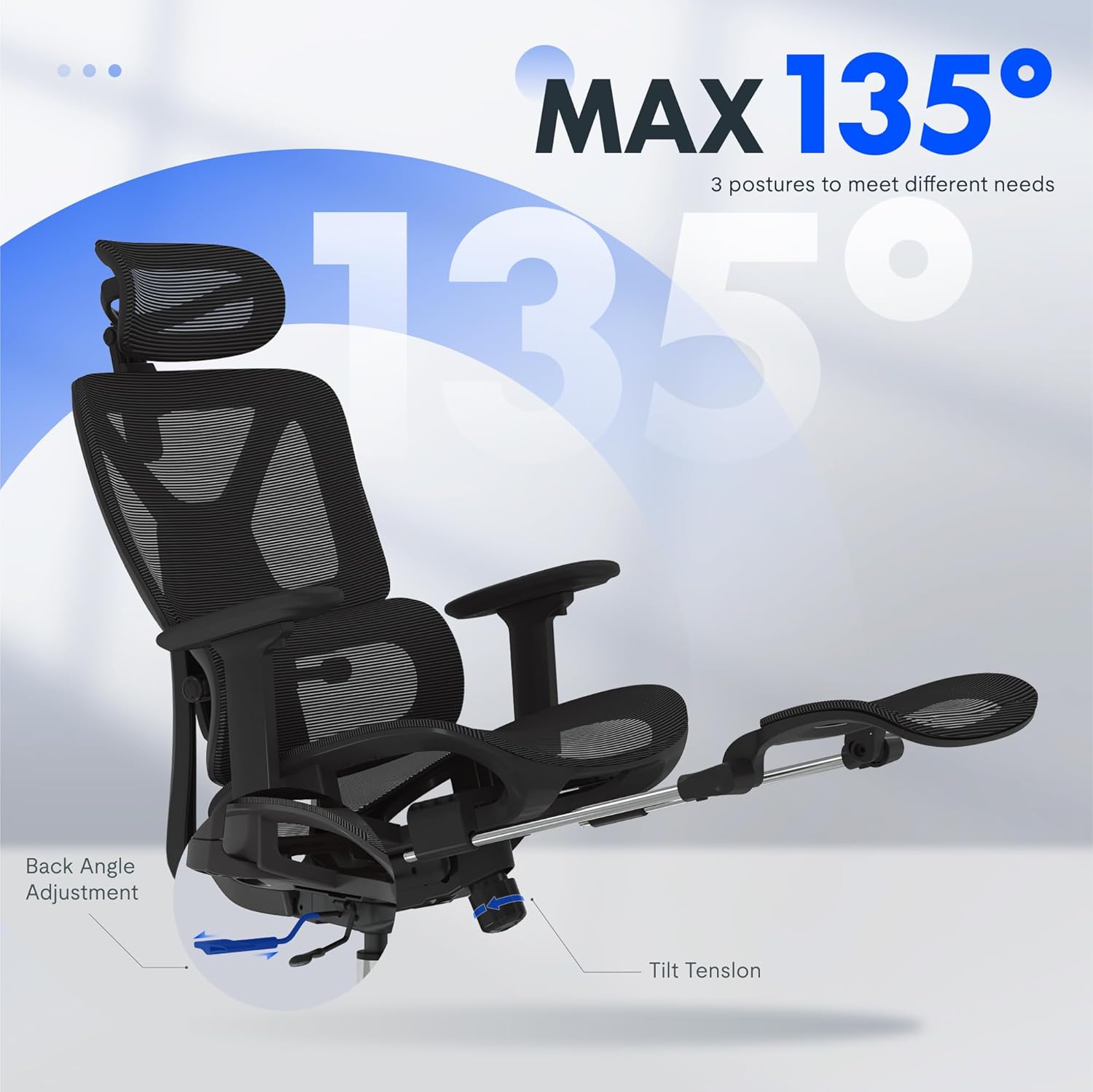 FLEXISPOT ErgoX Premium Ergonomic Office Chair with Footrest- Adjustable 3D Armrests, Dynamic Lumbar Support, Recline & Tilt Function, Mesh Seat, for Home & Office Use