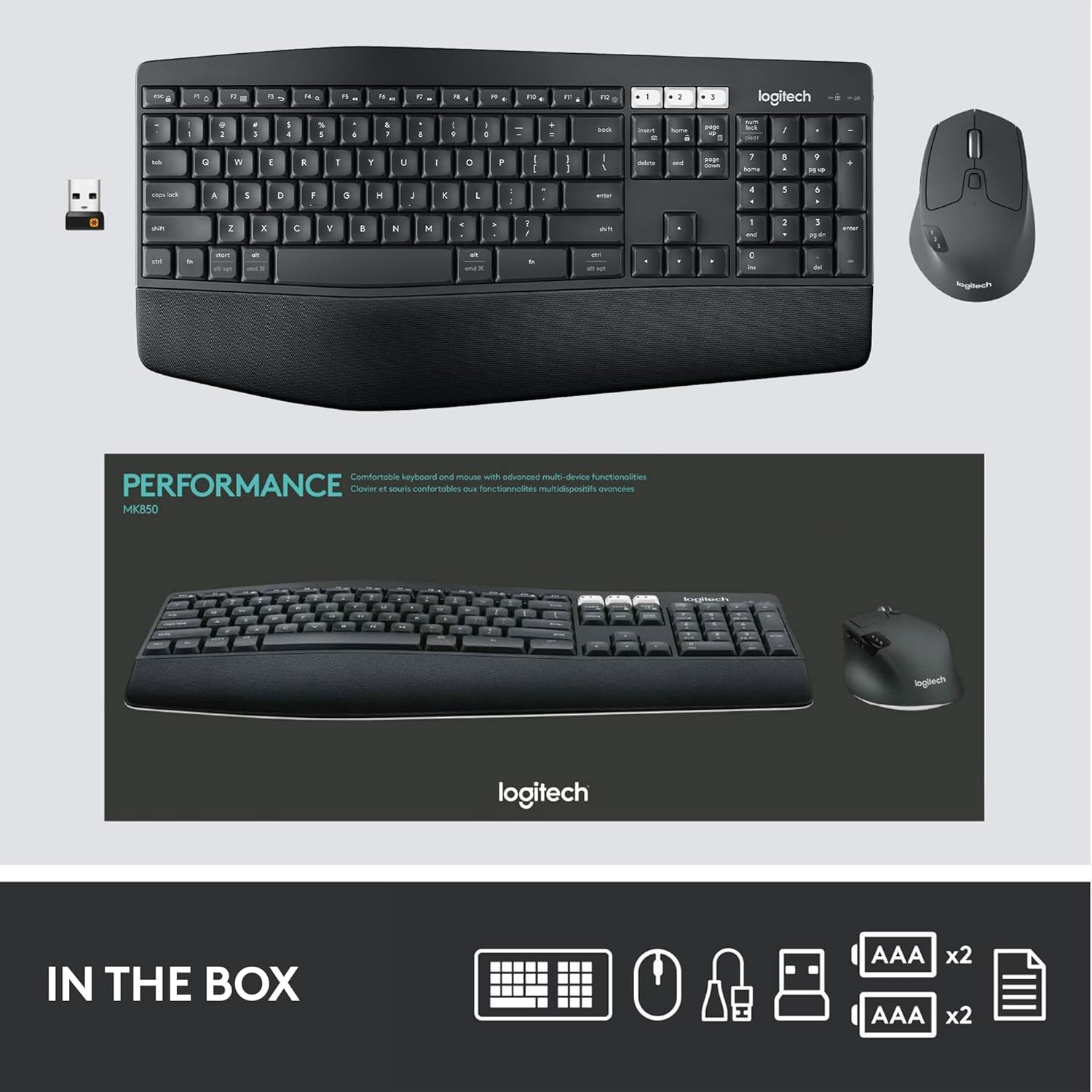Logitech MK850 Performance Wireless Keyboard and Mouse Combo for Windows, macOS & ChromeOS, Bluetooth & 2.4 GHz USB Receiver, Full-Size Ergonomic Keyboard, Multi-Device, Cushioned Palm Rest