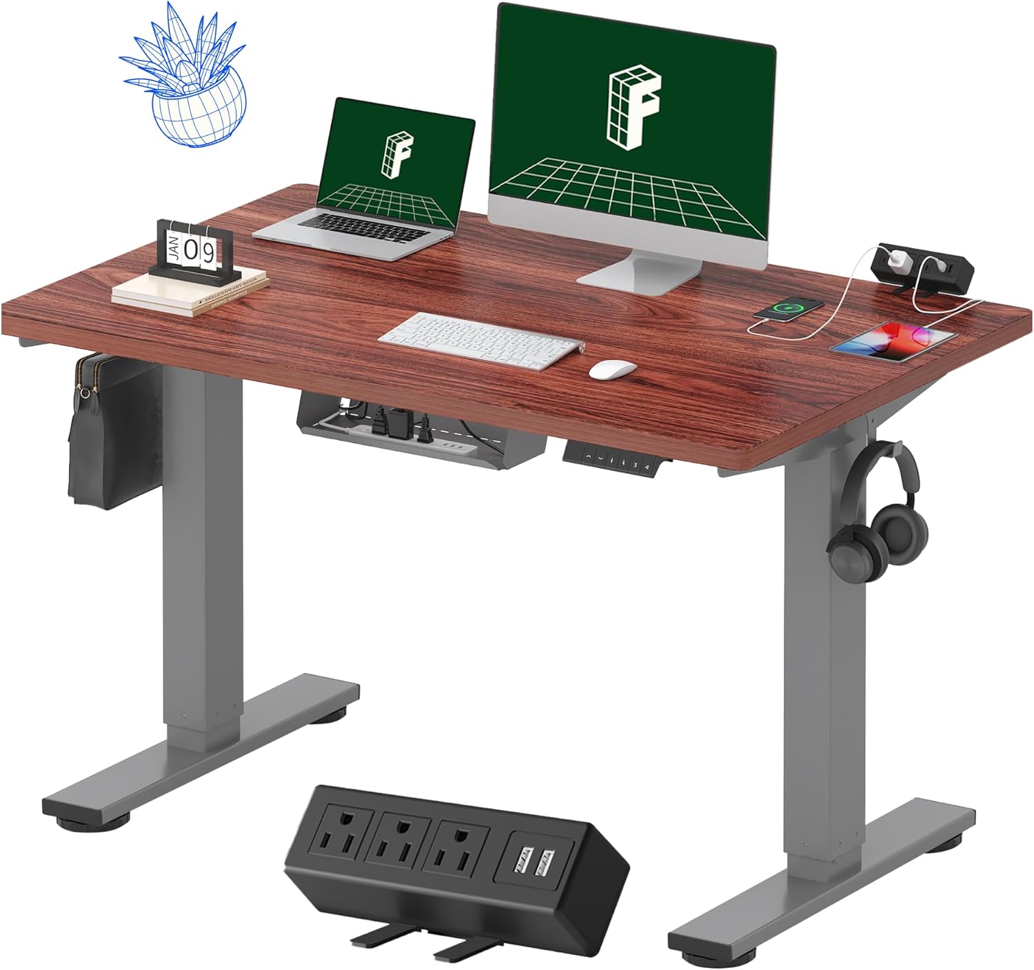 FLEXISPOT EN2 Electric Standing Desk - 48" x 30" Whole-Piece Height Adjustable Desk with Clamp Power Strip & Cable Management (Gray Frame/Mahogany Top)