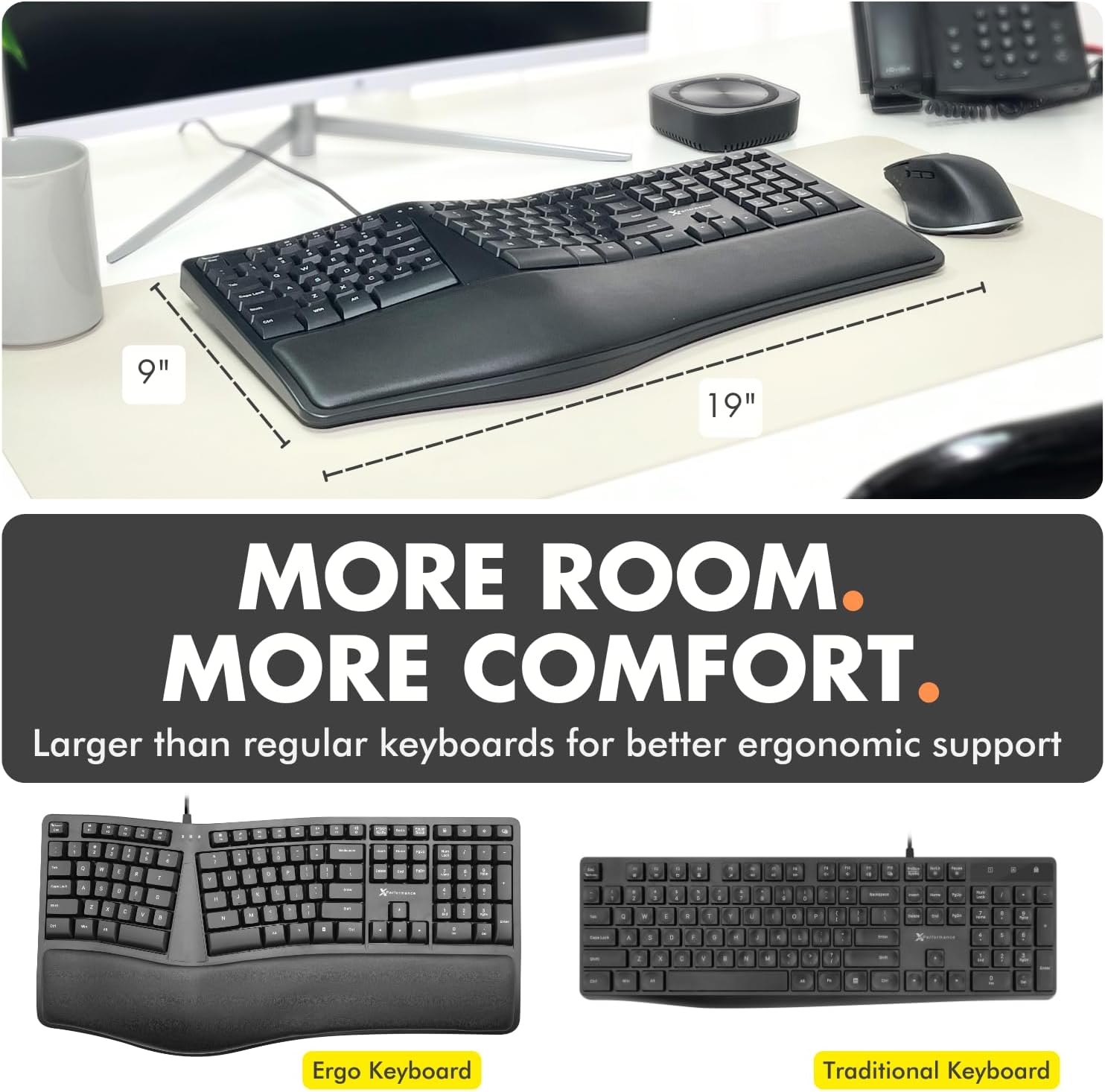 X9 Wired Ergonomic Split Keyboard with Cushioned Wrist Rest