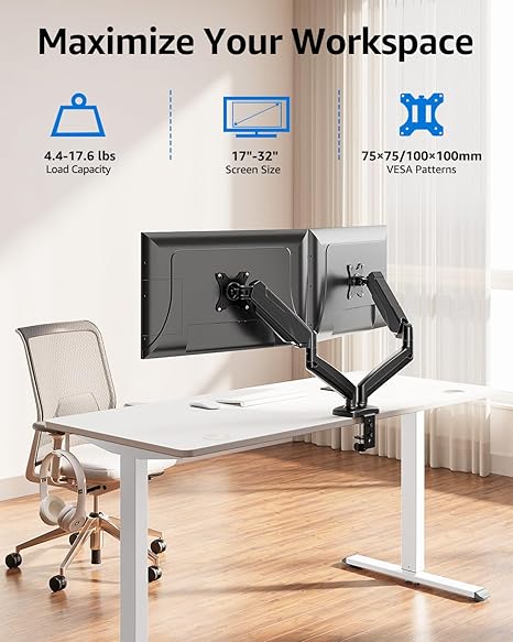 MOUNTUP Dual Monitor Stand - Gas Spring Monitor Arms for 2 Screens (22"-32"), Height Adjustable VESA Mount with C-Clamp & Grommet Base, Holds 4.4-17.6 lbs (Black)