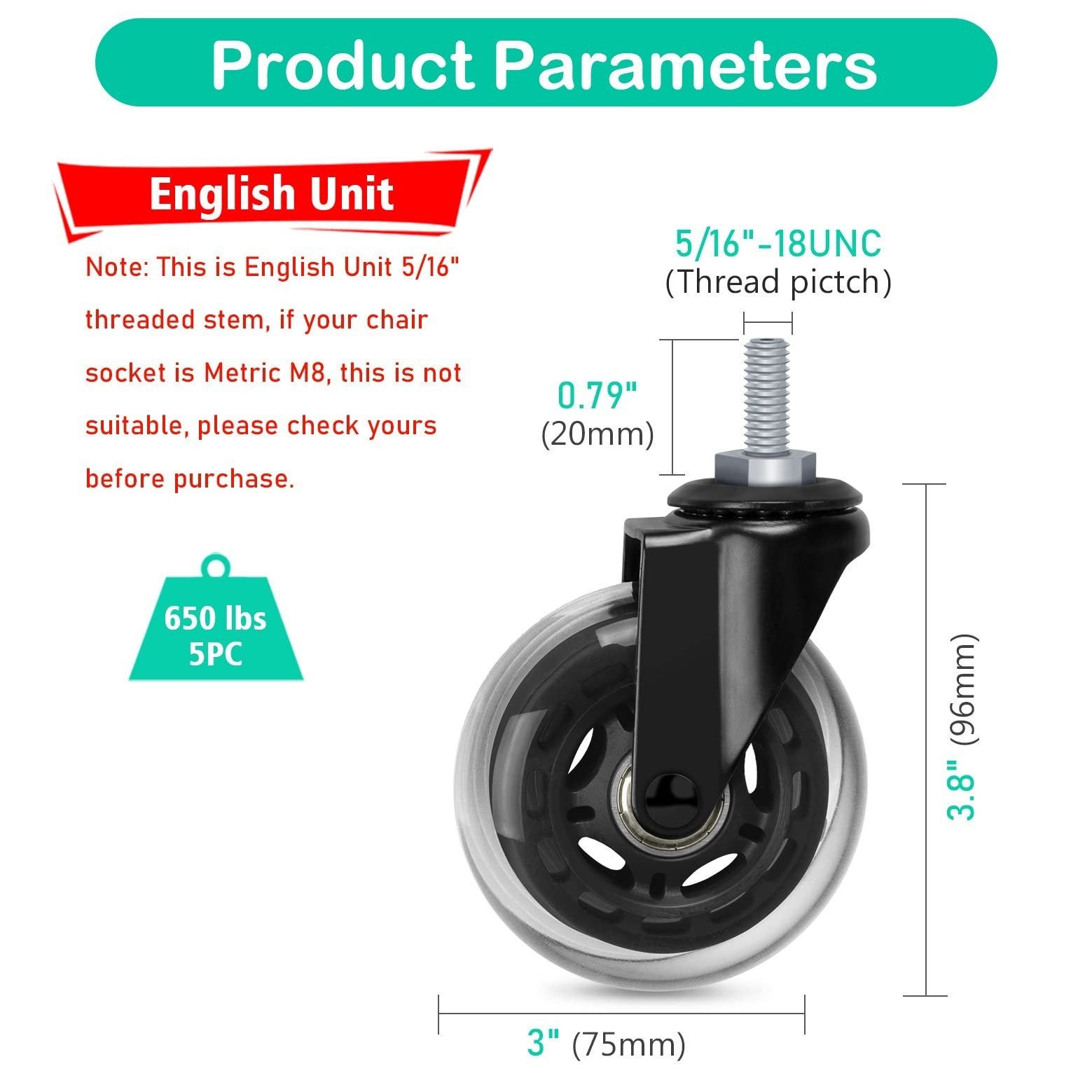 Hirate 5 Pack Office Chair Casters Wheel with 5/16"-18UNC Threaded Stem, 3" S...