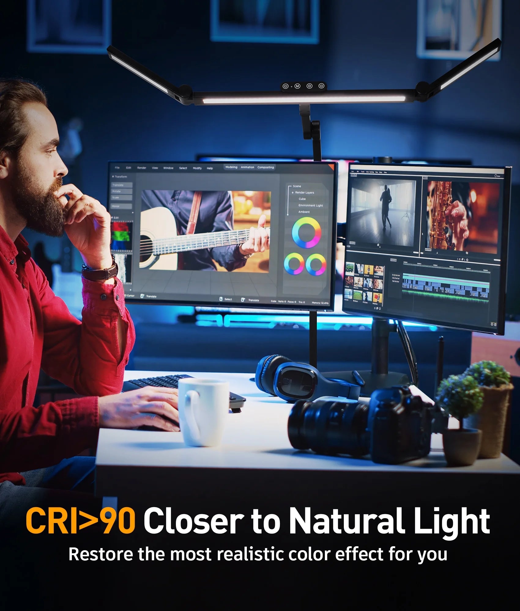 LED Desk Lamp with Base, 270°-360° Angle-Adjustable 3-Light Bars Architect Office Desk Lamp , 24W Desk Lights for Home Office, Eye Care Auto Stepless Dimming Desk Light, 7×5 Lighting Modes