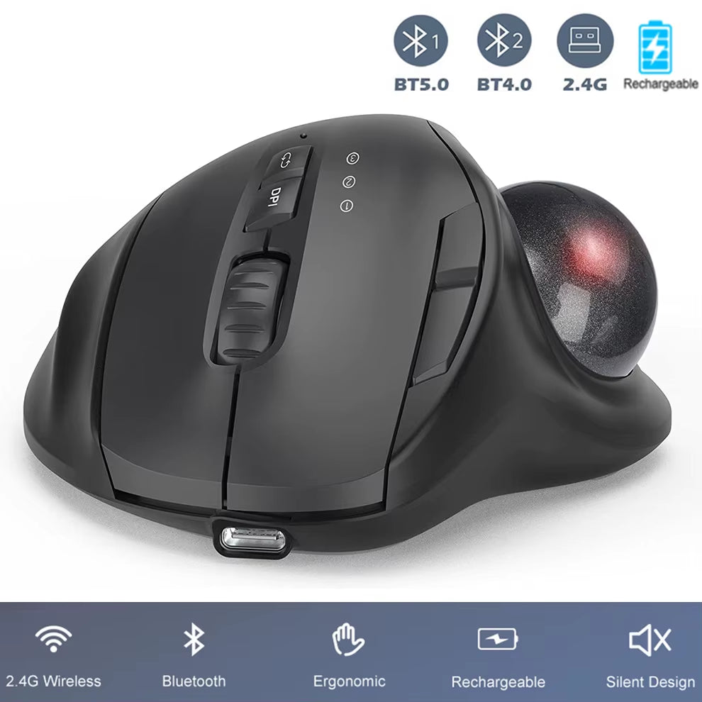 Black 2.4G + Bluetooth Wireless Trackball Mouse Rechargeable Rollerball Mice Ergonomic Mice Thumb Control Mouse Gaming