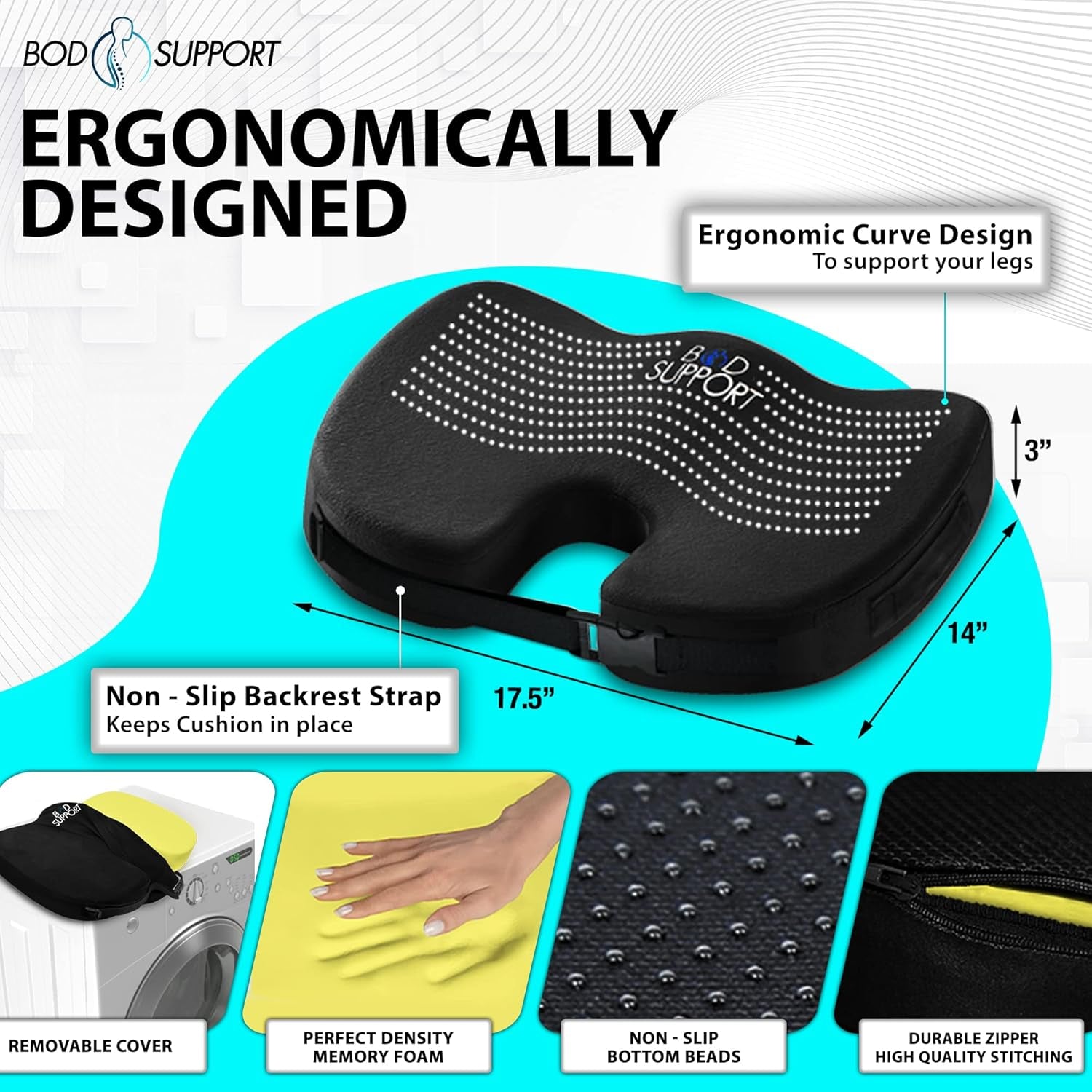 Seat Cushions for Office Chairs, Desk Chairs, and Car Seats - Enhances Posture and Support - Non-Slip Ergonomic Design with Adjustable Straps - Sciatica and Tailbone Relief (Black)