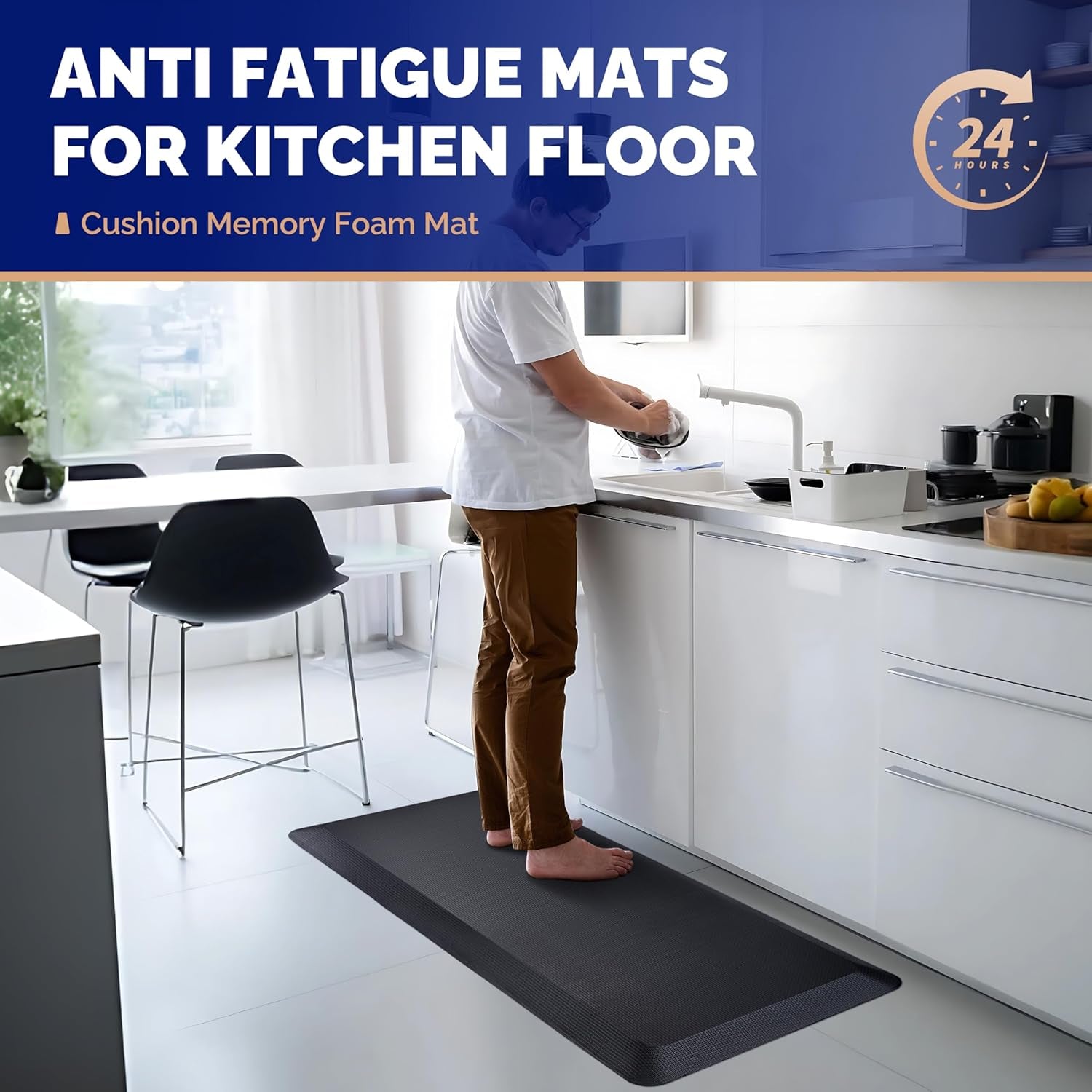 anti Fatigue Mat for Kitchen Floor – 9/10 Extra Thick Cushioned Standing Desk Mat Memory Foam, Ergonomic Floor Padded Comfort at Home, Kitchen, Office, Garage – NOT PVC (20" X 39", Black)