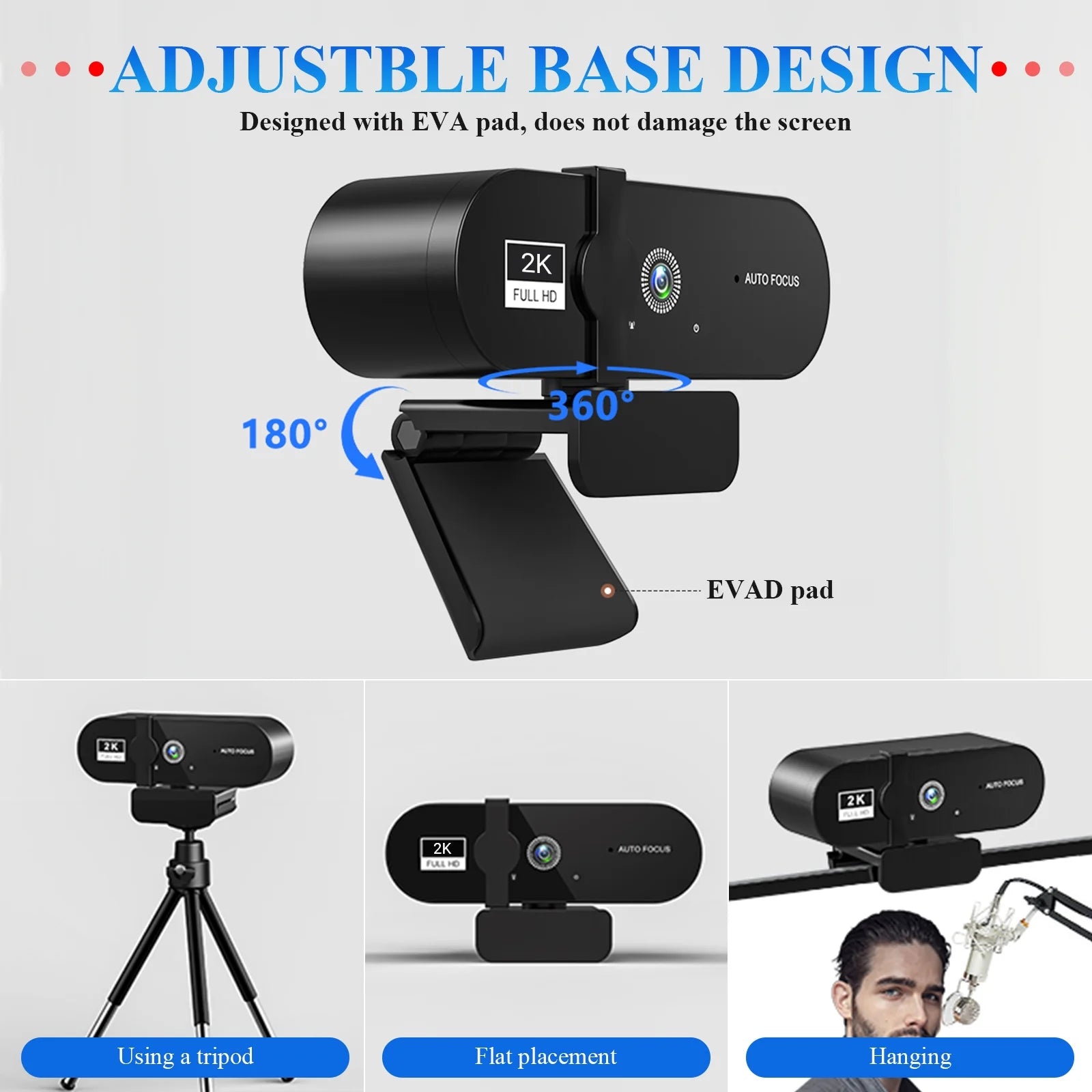 Webcam,2K HD Webcam for PC with Microphone USB Auto Focus for Recording Conference Calls Games