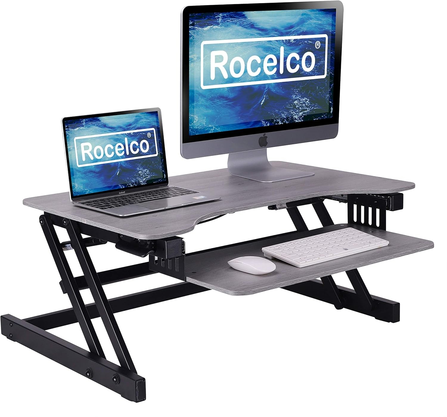 32" Height Adjustable Standing Desk Converter - Quick Sit Stand up Dual Monitor Riser - Gas Spring Assist Tabletop Computer Workstation - Large Retractable Keyboard Tray - Grey (R ADRG)