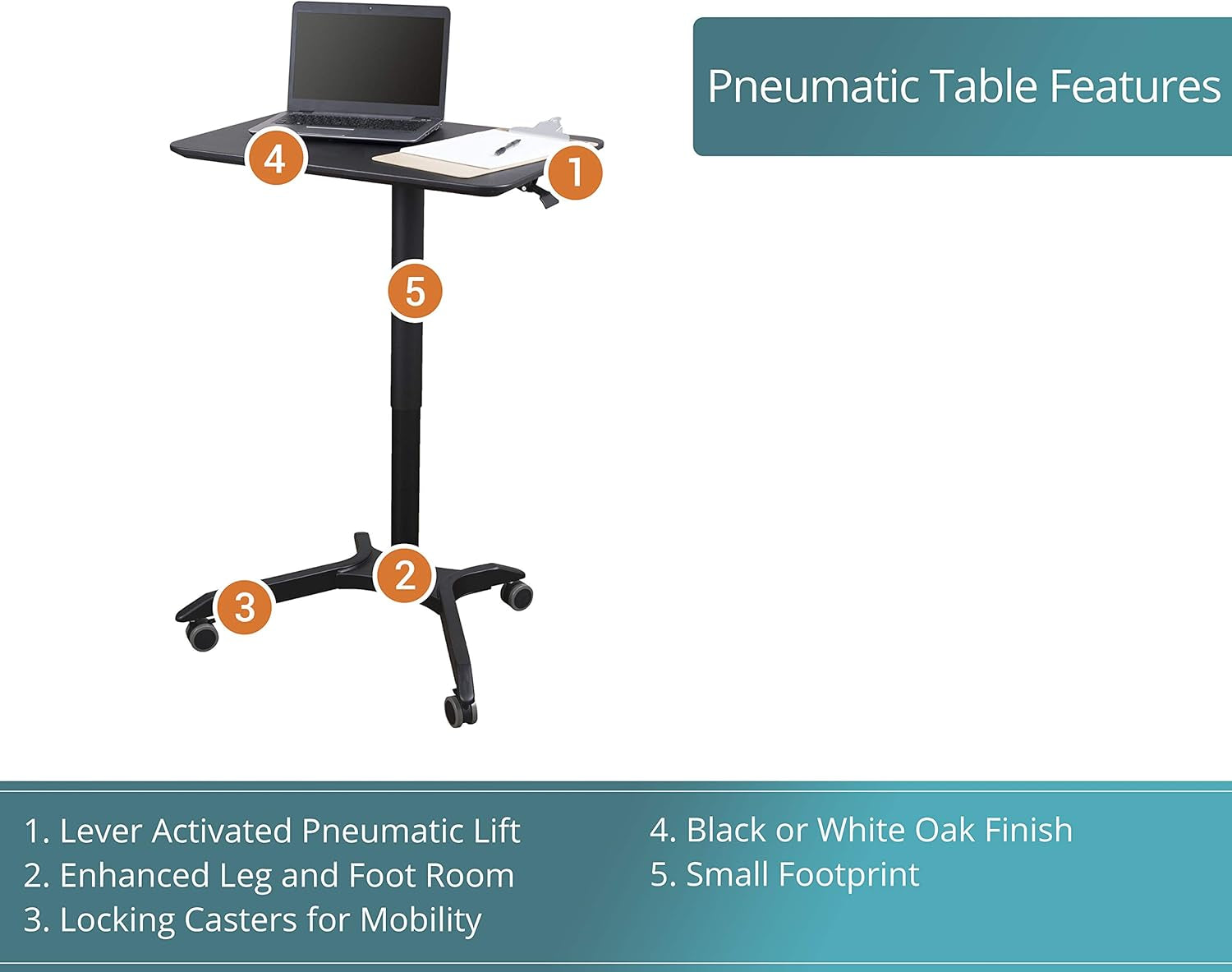 Pneumatic Adjustable Height Rolling Mobile Laptop Standing Desk Cart (Black Frame/Black Top, 28" Wide)