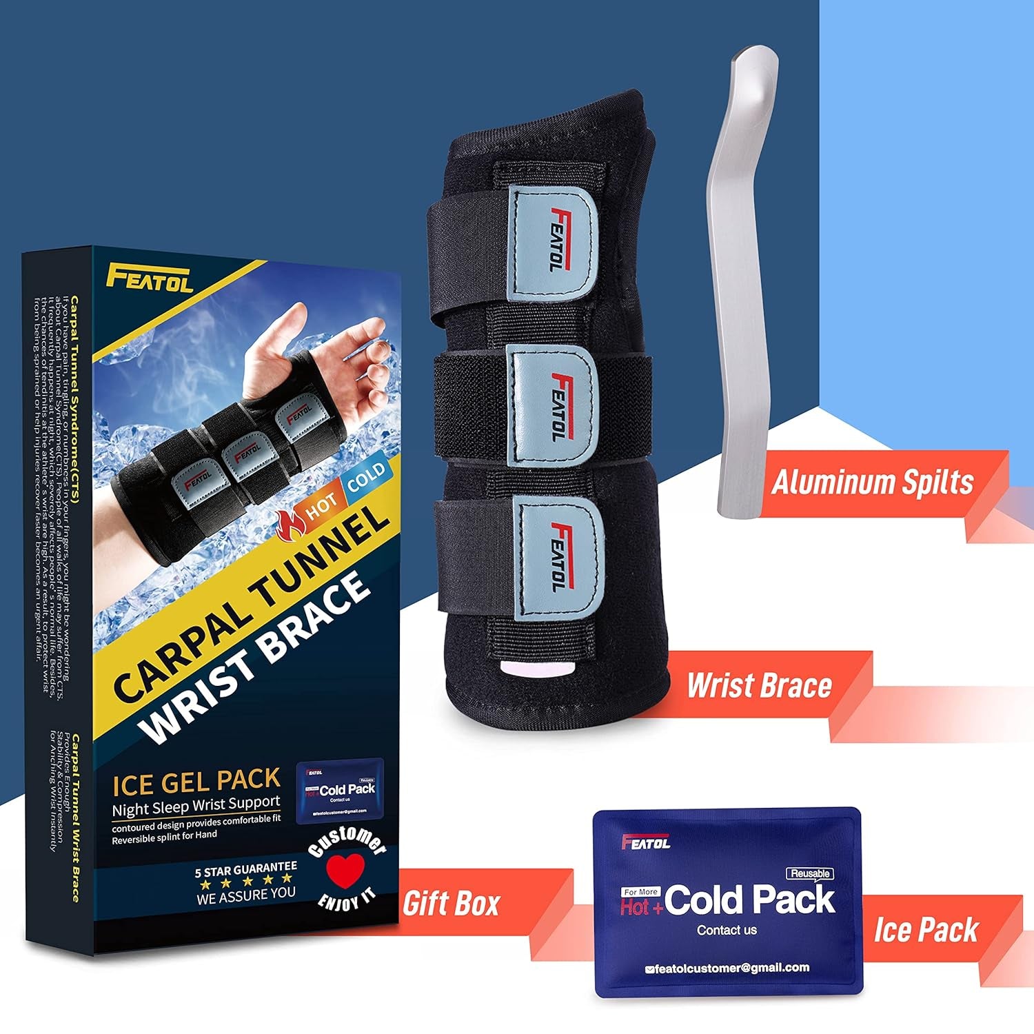 Wrist Brace Carpal Tunnel, Night Support Brace with Wrist Splint, Adjustable Straps, Hot/Ice Pack for Women and Men, Right Hand, Large/X-Large, Tendinitis, Arthritis, Pain Relief