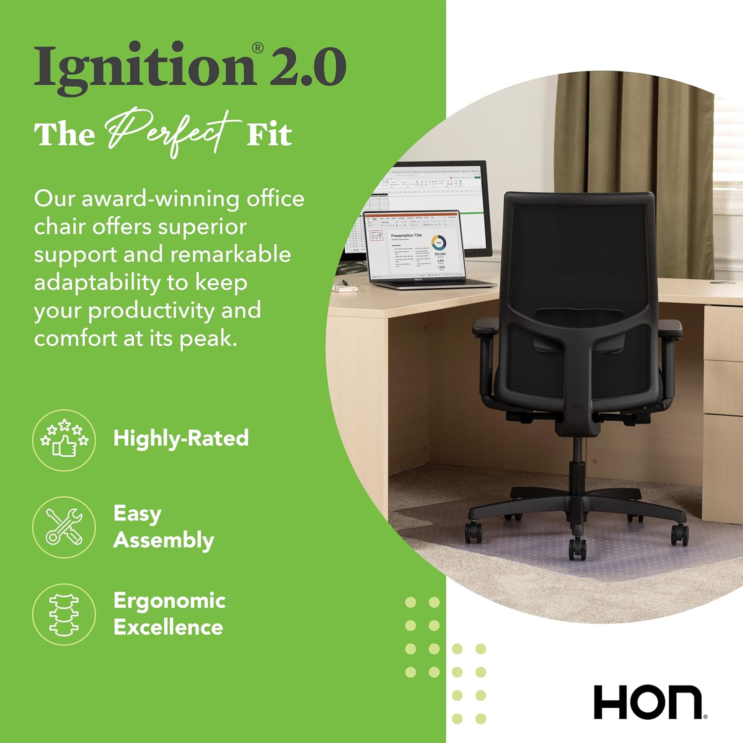 HON Ignition 2.0 Mid Back Task Chair, Standard Synchro-Tilt Control, Office Chair with Lumbar Support, Height and Width Adjustable Arms