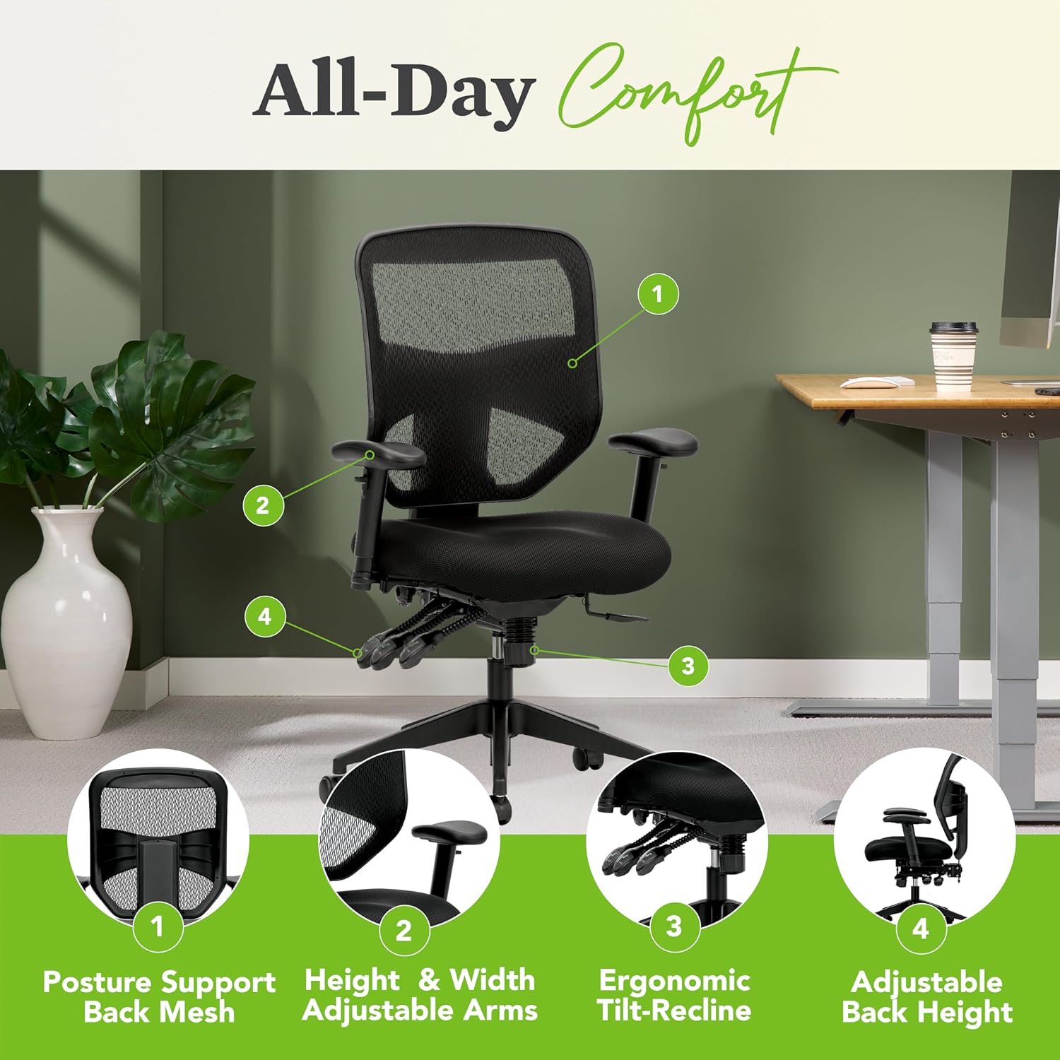 HON Prominent Mesh Ergonomic Office Chair with Adjustable Arms, Back Support, 360° Swivel Task Chair for Computers, Desk, Home Office, ASynchro-Tilt Recline
