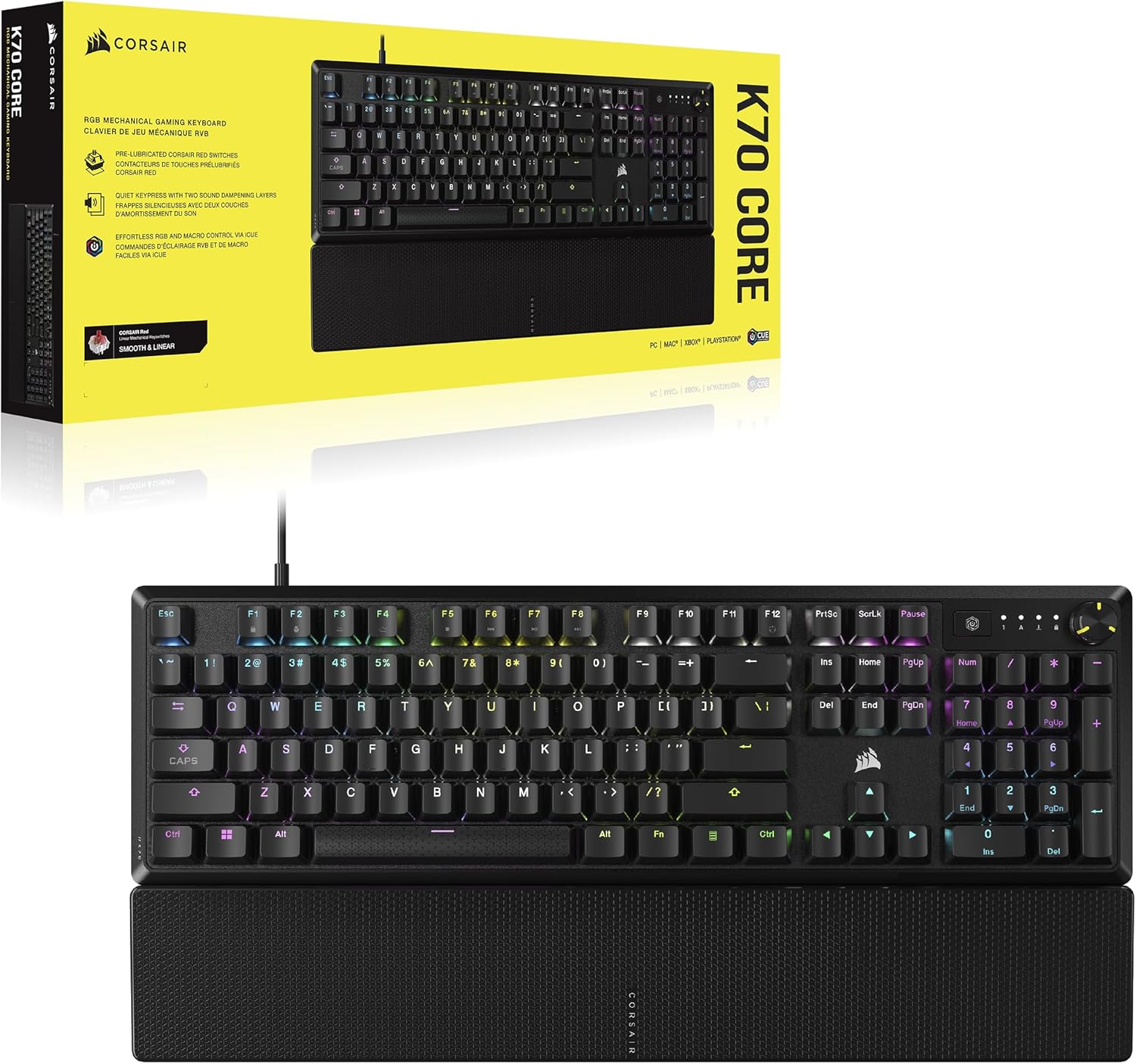 CORSAIR K70 CORE RGB Mechanical Wired Gaming Keyboard with Palmrest – Pre-Lubed MLX Red Linear Switches, SOCD, ABS Double-Shot Keycaps, Sound Dampening, Media Control Dial, QWERTY NA