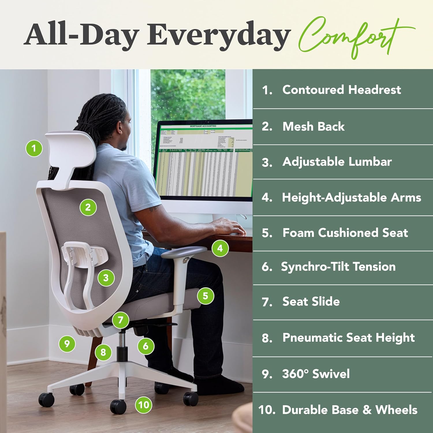 HON Altern Ergonomic Office Chair with Headrest, Arms, Wheels, Foam Cushion Seat, Mid Back Home Office Desk Chair Comfy, Height Adjustable Arms, Synchro-Tilt