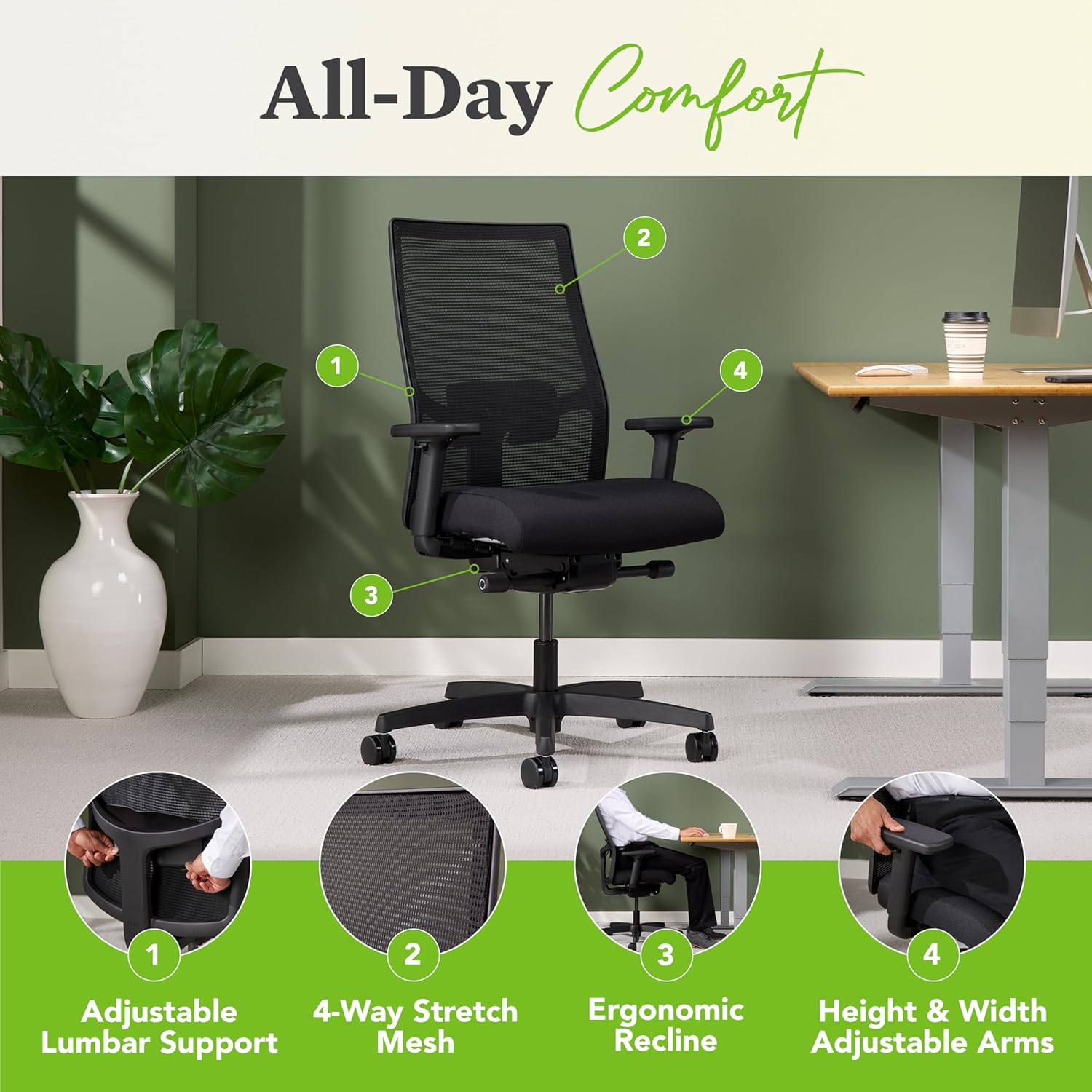 HON Ignition 2.0 Mid Back Task Chair, Standard Synchro-Tilt Control, Office Chair with Lumbar Support, Height and Width Adjustable Arms