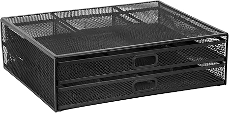 MOUNT-IT! Computer Monitor Stand with Drawers - Metal Mesh Riser & Organizer for Laptops, Screens, Printers & Office Supplies (Black)