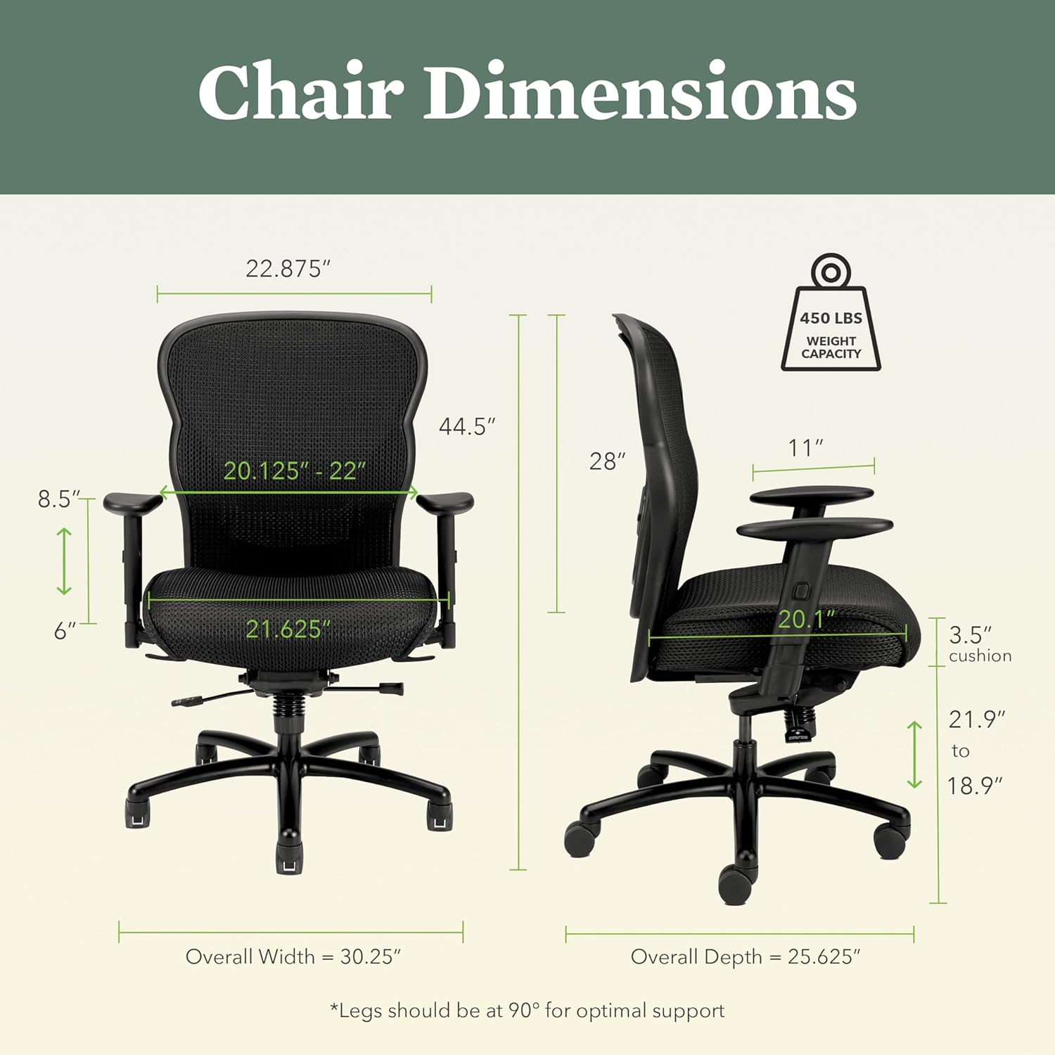 HON Wave Big and Tall Office Chair with Adjustable Arms, 450 lbs Capacity, Ergonomic, Breathable Mesh Desk Chair with Wheels, 360° Swivel, Heavy Duty Tilt Recline