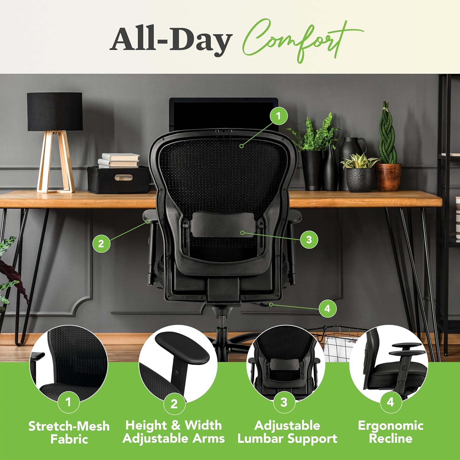 HON Wave Big and Tall Office Chair with Adjustable Arms, 450 lbs Capacity, Ergonomic, Breathable Mesh Desk Chair with Wheels, 360° Swivel, Heavy Duty Tilt Recline