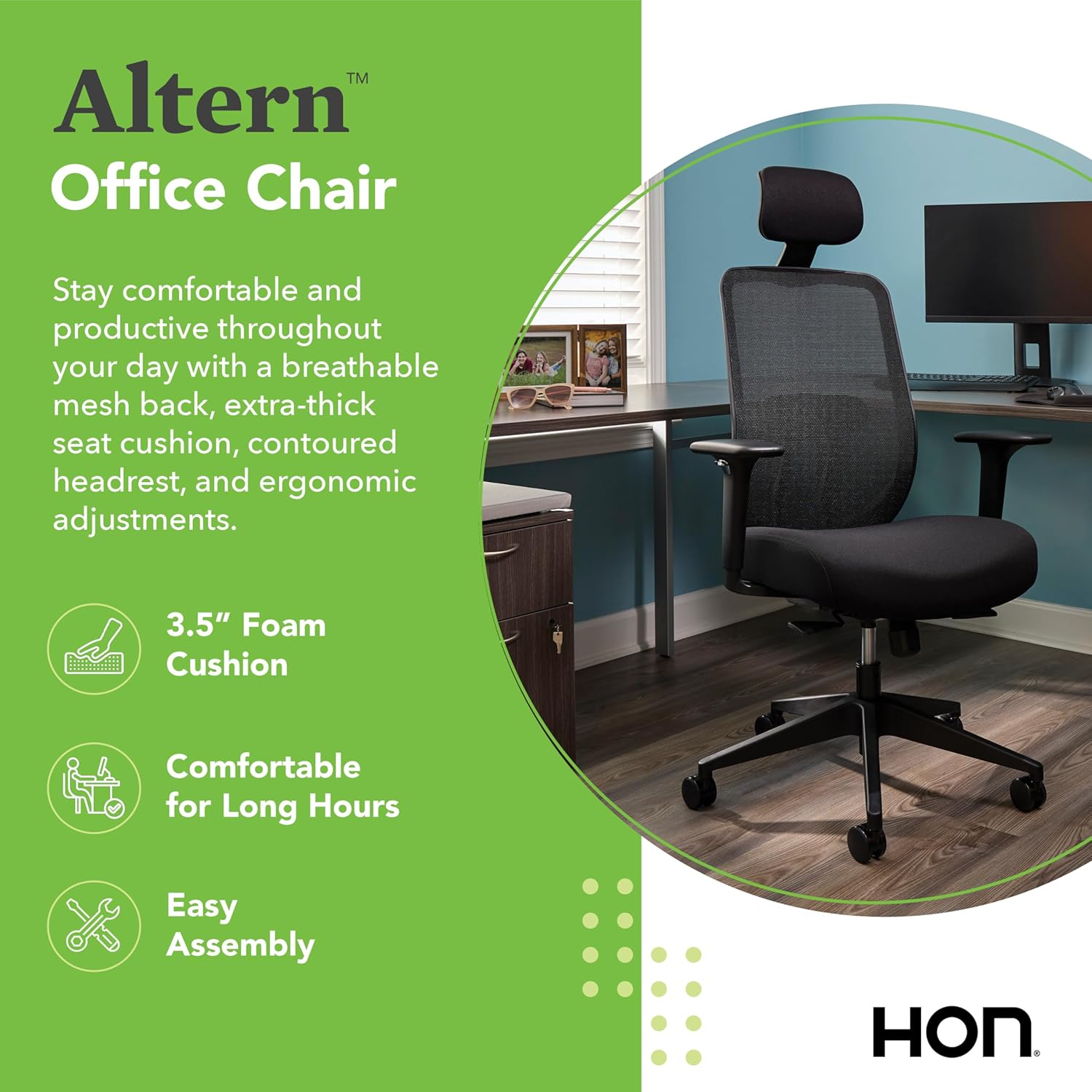 HON Altern Ergonomic Office Chair with Headrest, Arms, Wheels, Foam Cushion Seat, Mid Back Home Office Desk Chair Comfy, Height Adjustable Arms, Synchro-Tilt