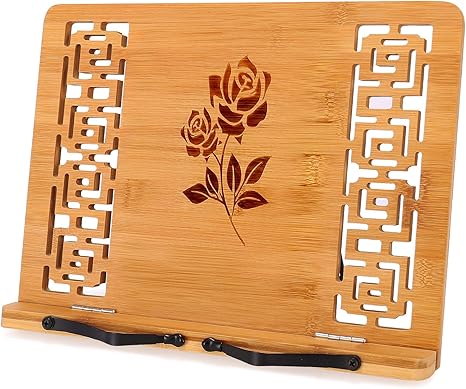 MEGREZ Book Stand for Reading (13.2 x 9.4 inch) Bamboo Cookbook Stand Holder for Kitchen, Adjustable Book Holder Stand for Tablet/Textbook Holder/Hollow Bookrest Stand, Rose