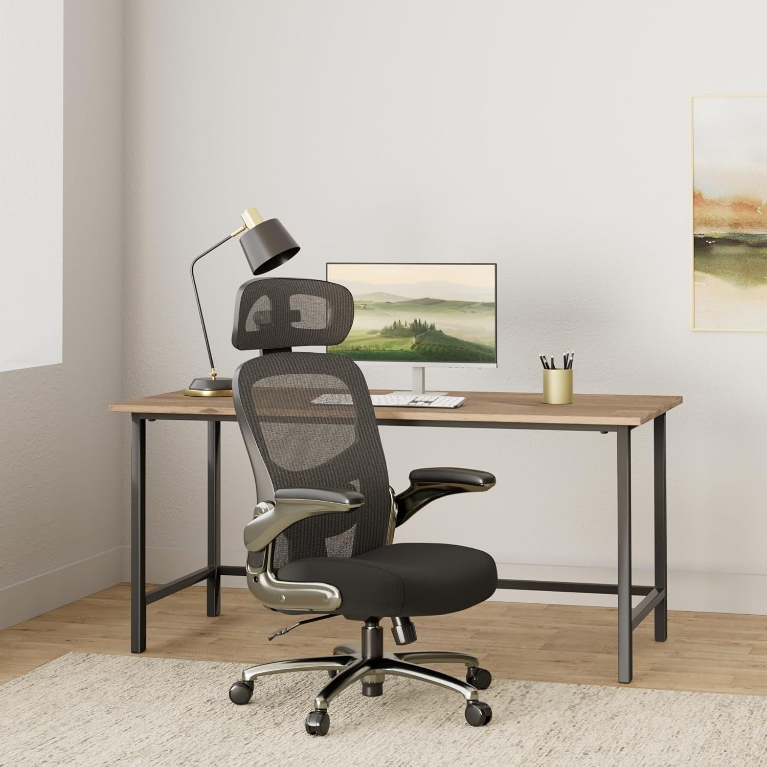 Officefactor 500 Lbs Rated the Real High Back Ergonomic Big and Tall Office Chair Flip-Up Arms Mesh Back anti Scratch Wheels Adjustable Lumbar Support Adjustable Headrest (Black with Headrest)