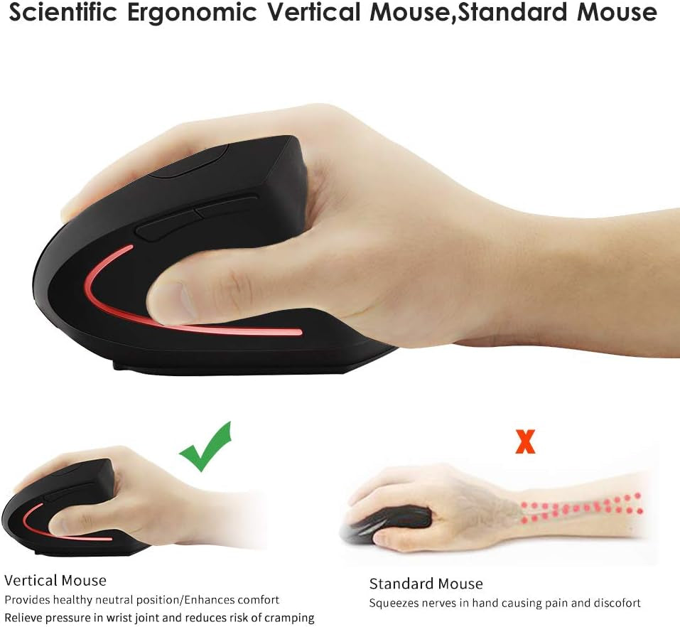 Wireless Vertical Mouse, Wireless Ergonomic Vertical Mouse, 2.4G Optical Mice 800/1200/1600 High Precision for PC Laptop Desktop Mac (Ergonomic Mouse-Rechargeable)