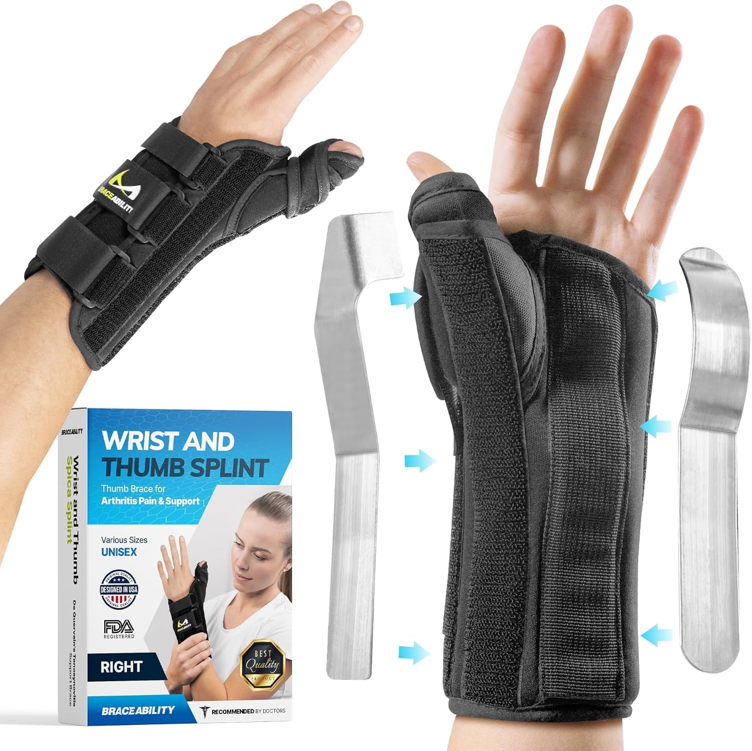 Wrist and Thumb Spica Splint - De Quervain'S Tenosynovitis Long Forearm Cast Stabilizer for Tendonitis, Sprains, Thumb Brace for Arthritis Pain and Support - (S Right Hand)