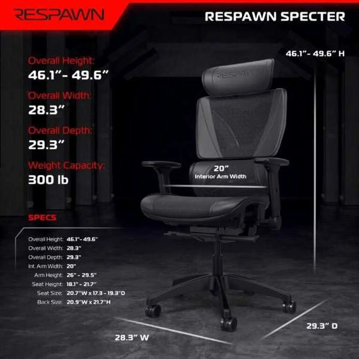 SPECTER Ergonomic Mesh Office Chair - High Back Computer Chair, Gaming Chair, Desk Chair with Adjustable Lumbar Support/Armrests/Headrest, Gaming Chairs Seat Slide & Tilt Recline - Black