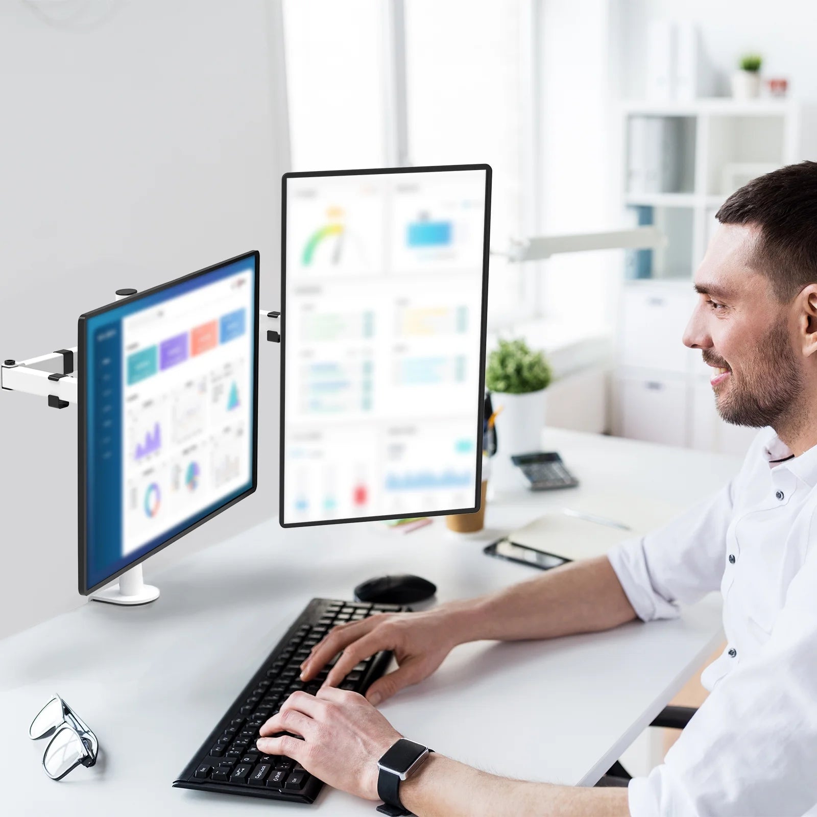 M002-W Dual LCD Monitor Mount Stand with Fully Adjustable Desk