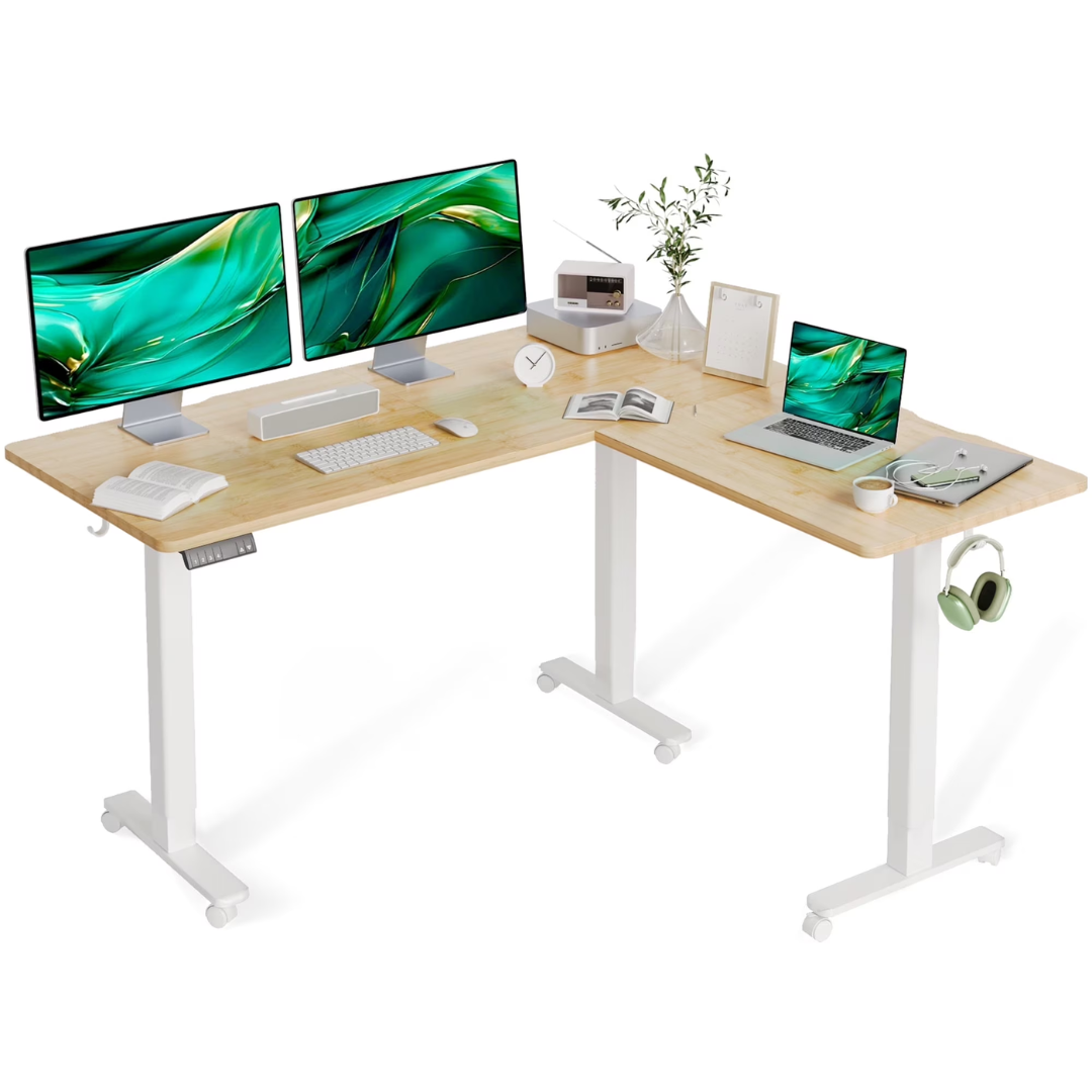 INNOVAR L-Shaped Electric Standing Desk - 63" x 55" Dual Motor Adjustable Height Corner Desk with Splice Board (Bamboo Top)