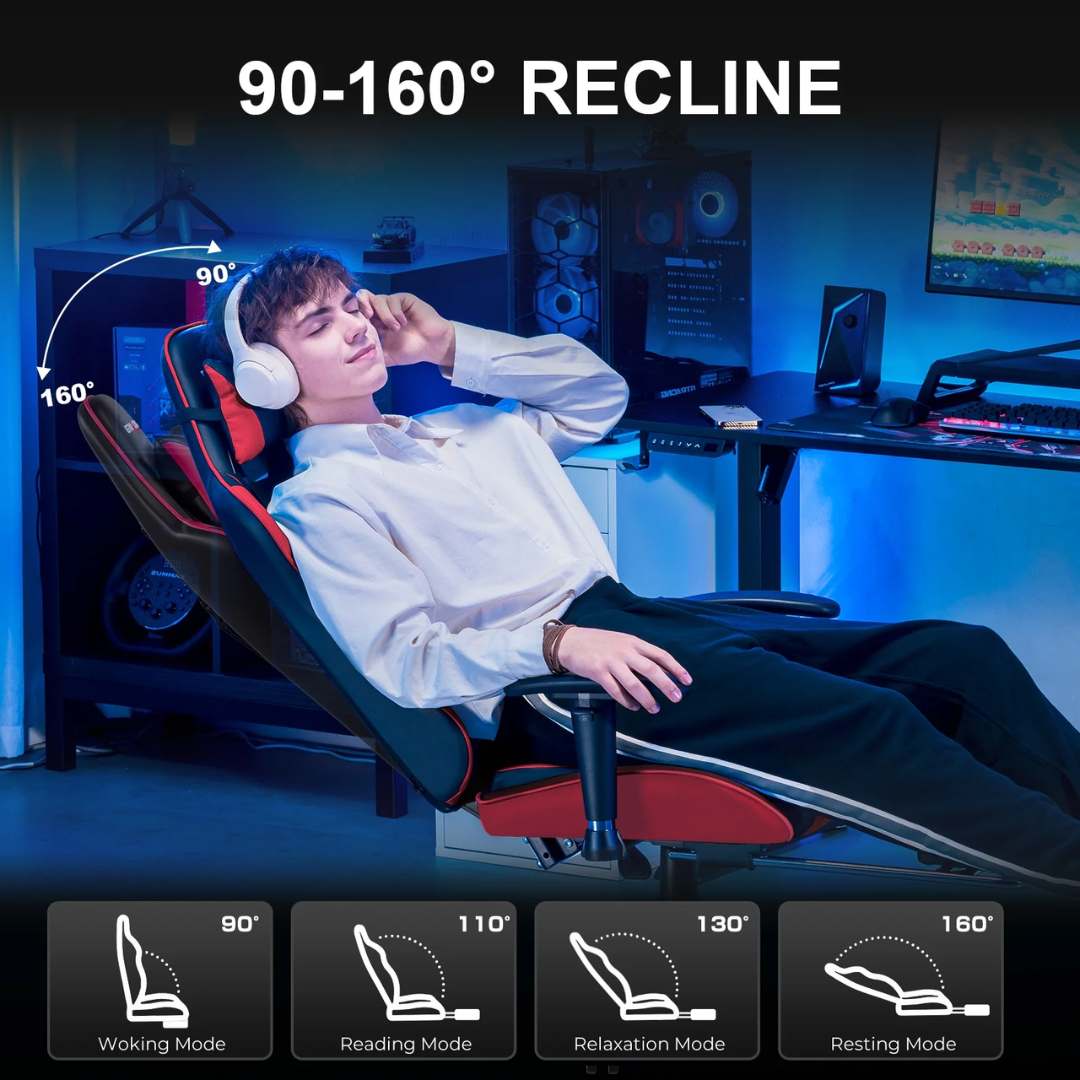 GTRACING Gaming Chair, Ergonomic Office Desk Chair with Lumbar Support, PU Leather, Footrest & Adjustable Headrest, Red